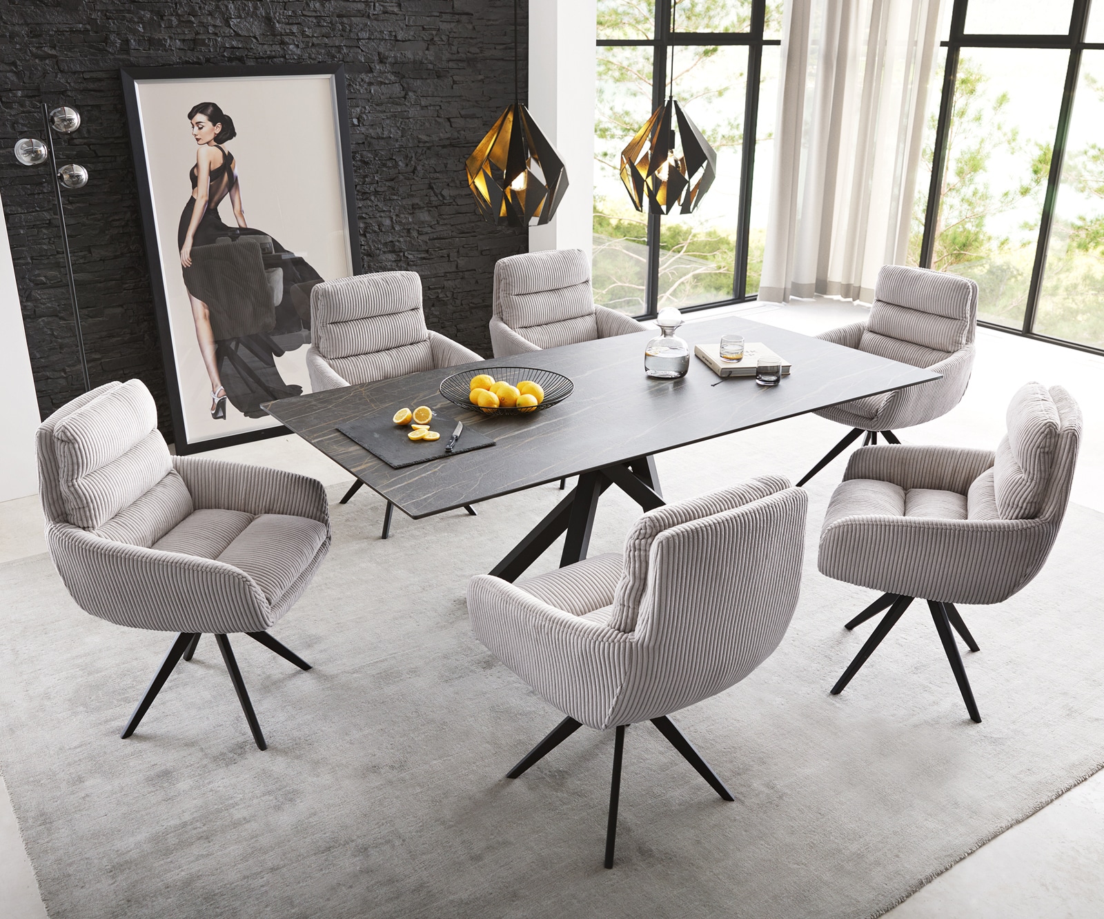 Eetkamerstoel Abelia-Flex met armleuning koord zilver grijs kruisframe hoekig zwart 3 Eetkamerstoel Abelia-Flex met armleuning koord zilver grijs kruisframe hoekig zwart 3