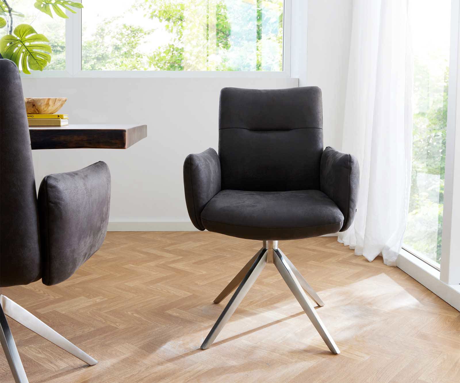 Draaistoel Jova-Flex met armleuning microvelours antraciet vintage kruisframe breed roestvrij staal 360° draaibaar pocketveer kern 1 Draaistoel Jova-Flex met armleuning microvelours antraciet vintage kruisframe breed roestvrij staal 360° draaibaar pocketveer kern 1