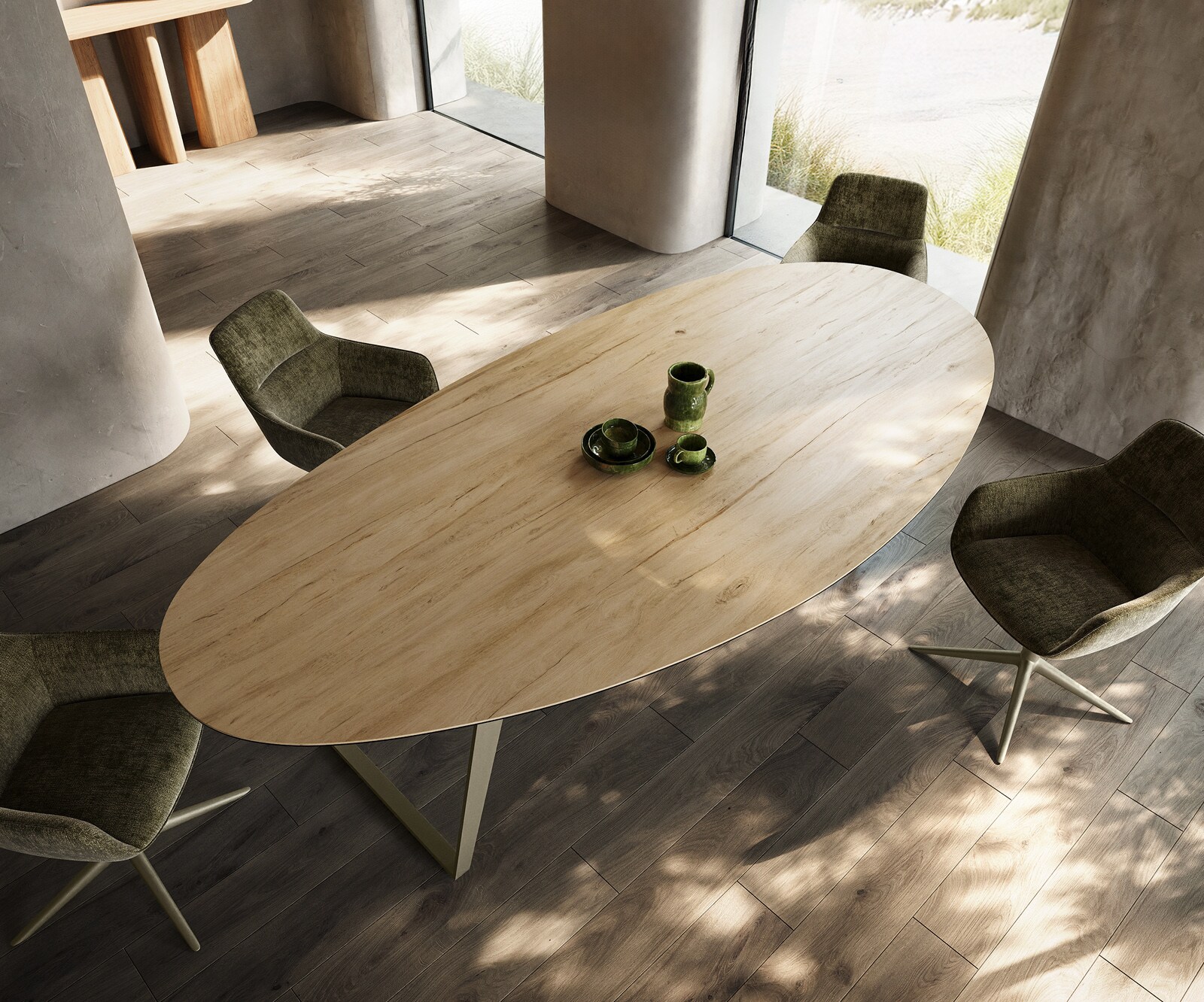 Eetkamertafel Edge Oval 280x130 cm Keramiek Laminam® Sabbia eikenkleurig Metaal Schuin Effectafwerking Titan 3