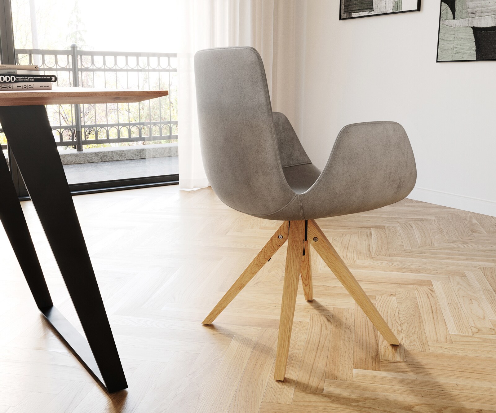 Eetkamerstoel Ilia-Flex met armleuning fluweel grijs houten frame hoekig natuur 4 Eetkamerstoel Ilia-Flex met armleuning fluweel grijs houten frame hoekig natuur 4