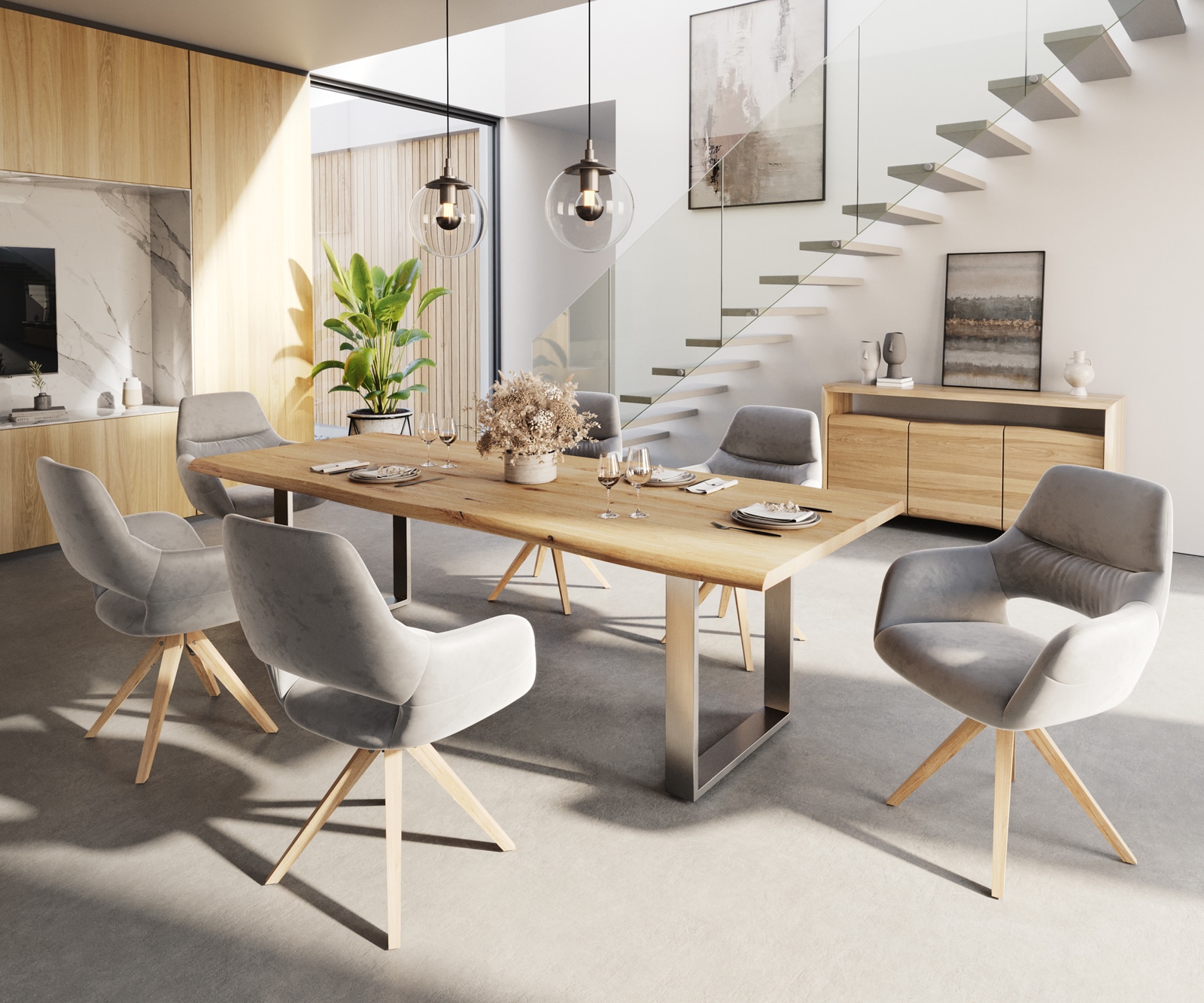 Eetkamerstoel Yago-Flex met armleuning fluweel grijs houten frame hoekig natuur pocketveer kern 3 Eetkamerstoel Yago-Flex met armleuning fluweel grijs houten frame hoekig natuur pocketveer kern 3