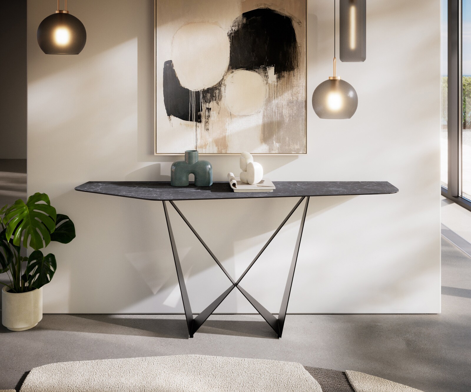 Consoletafel Edge Polygonaal 180x50 cm Keramiek Laminam® Nero Greco Anthrazit Spios Metaal Zwart 2