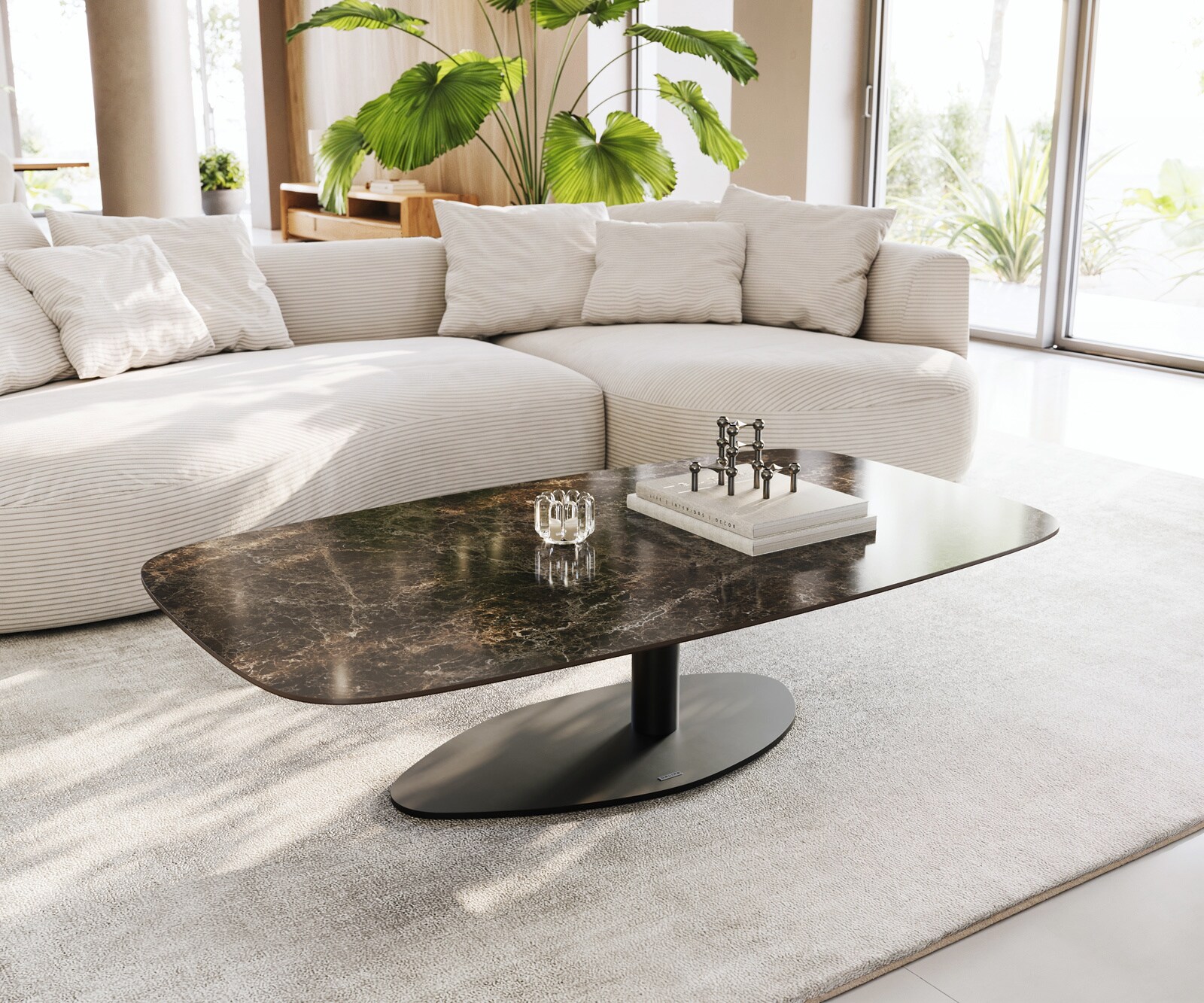 Salontafel Edge bootvorm 140x80 cm keramiek Emperador Extra Lucidato donkerbruin Vibany metaal zwart 1