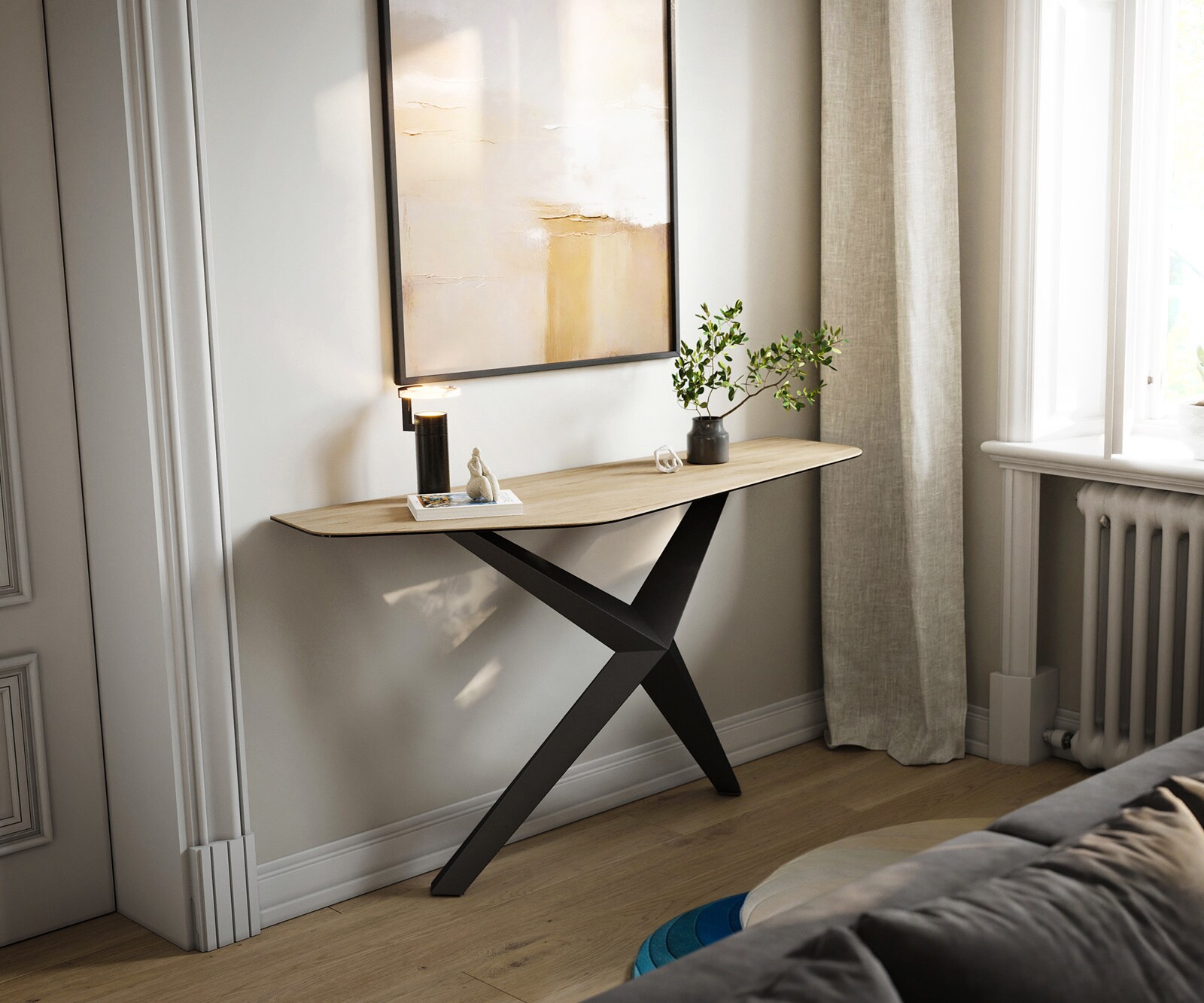Consoletafel Edge Polygonaal 140x50 cm Keramiek Laminam® Sabbia Eichefarbig Zentharo Metaal Zwart 4