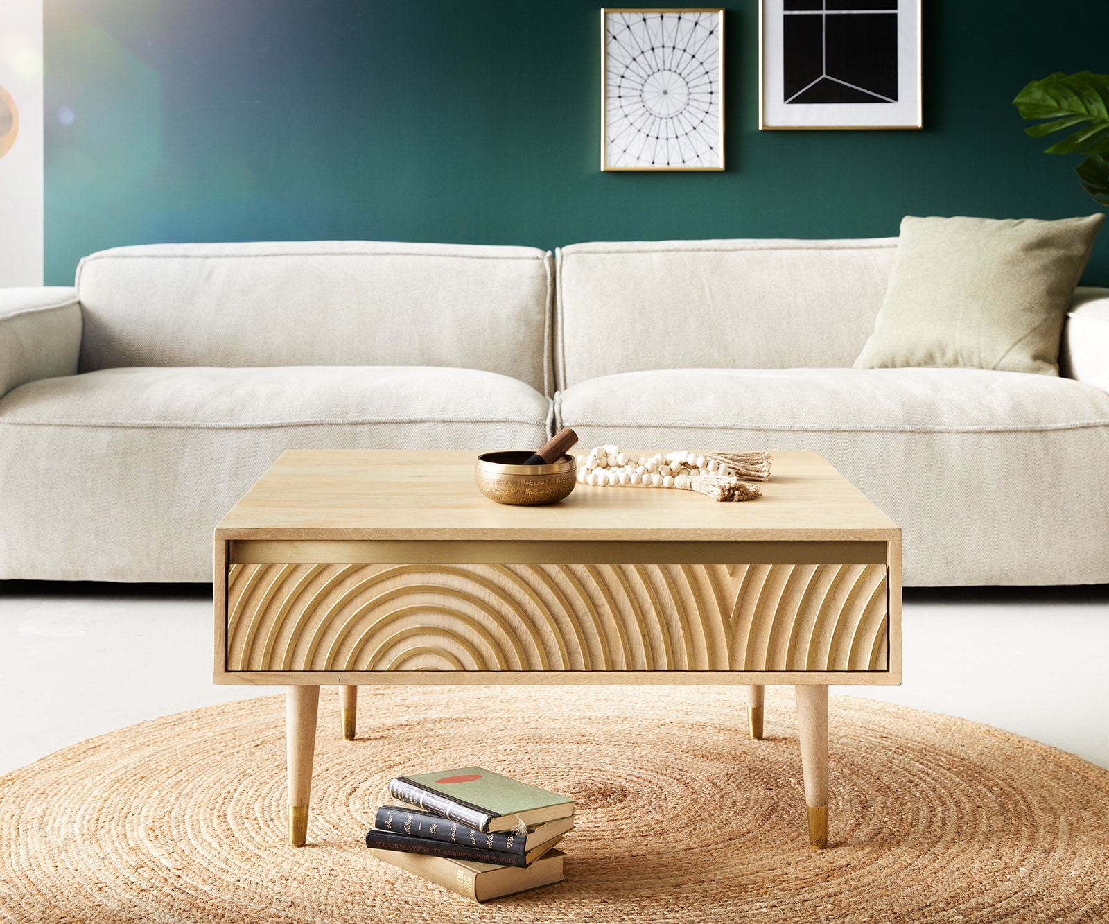 Salontafel Budaya mango natuur 80x60 cm 2 schuifladen poot rond 1 Salontafel Budaya mango natuur 80x60 cm 2 schuifladen poot rond 1