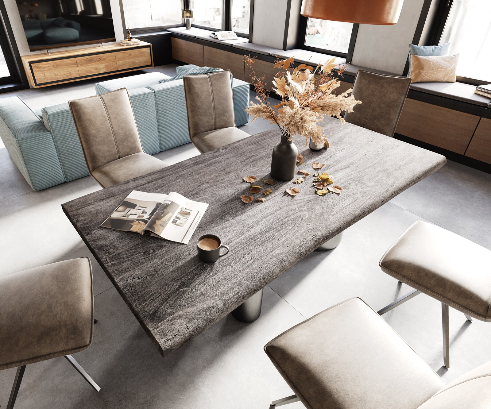 Eetkamertafel Edge 200x100 XL acacia platina Troa roestvrij staal grafiet Live-Edge 4