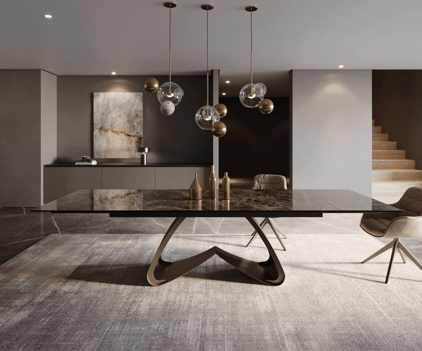 Eettafel Edge Keramiek Emperador Extra Lucidato Donkerbruin 200-300x100 W-onderstel effectafwerking Titanium uitschuifbaar 1