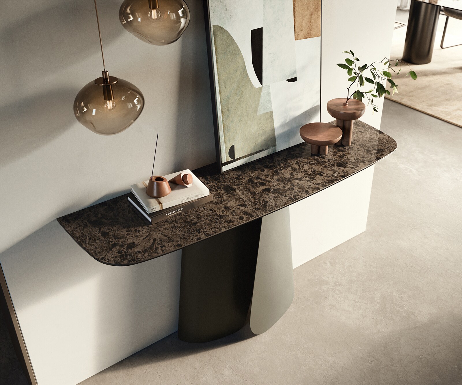 Consoletafel Edge Bootvorm 140x40 cm Keramiek Emperador Extra Lucidato Dunkelbraun Livos Metaal Effektfinish Titan 2