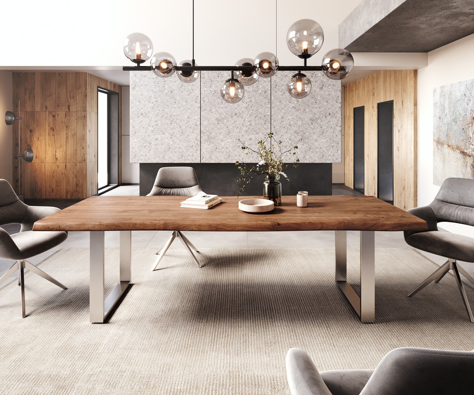 Eettafel Edge 260x100 XL acacia bruin roestvrijstaal smal Live-Edge 1