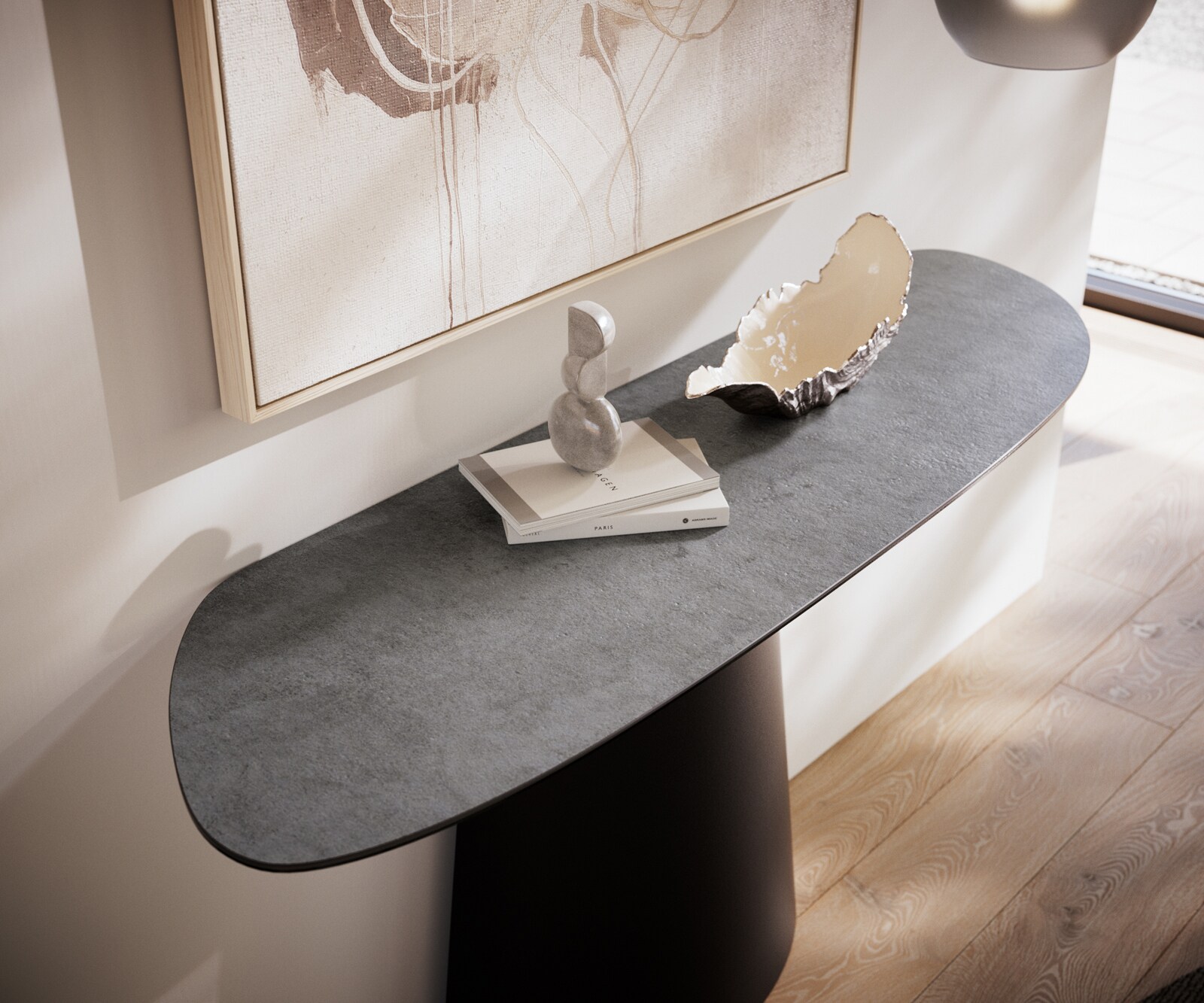 Consoletafel Edge Organisch 140x40 cm Keramiek Beton Grijs Conos Metaal Zwart 6