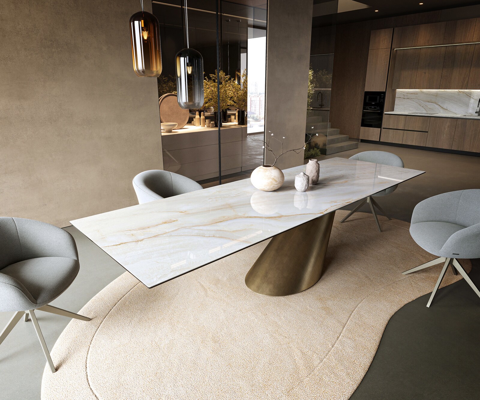 Eettafel Edge 300x100 cm keramiek Onyx Pearl Cono metallic goud