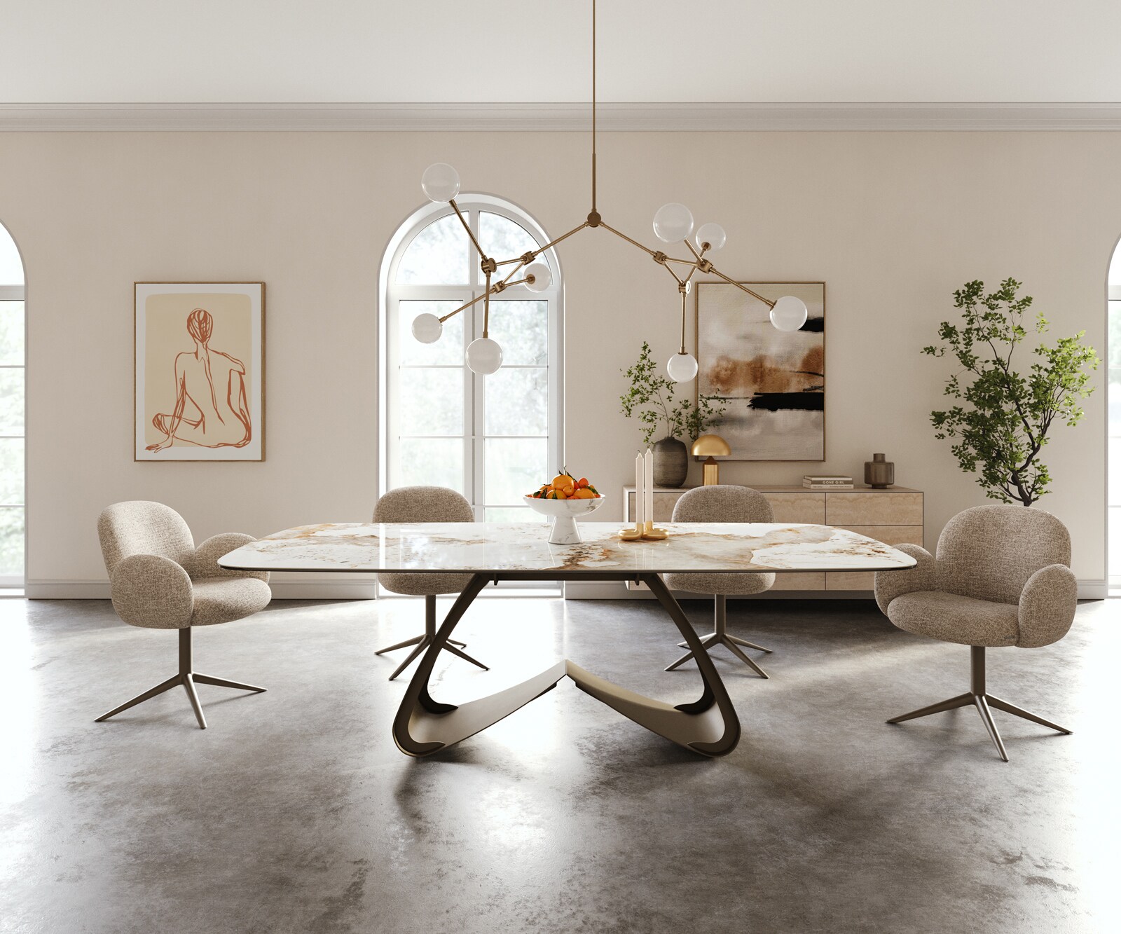 Eettafel Edge Boot 240x120 cm Keramiek Minas Melange Wit-Beige W-onderstel Metaal Effectafwerking Titan 1