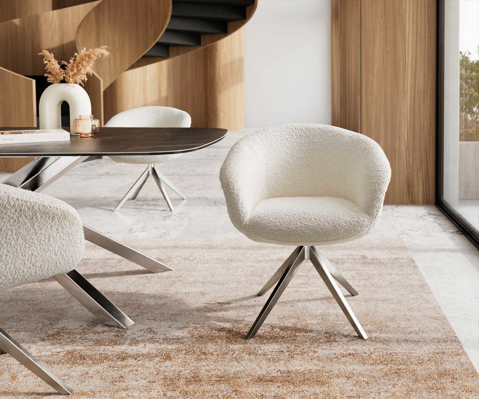 Draaistoel Vinka-Flex met armleuning bouclé wit kruisframe breed roestvrij staal 360° draaibaar pocketveer kern 1 Draaistoel Vinka-Flex met armleuning bouclé wit kruisframe breed roestvrij staal 360° draaibaar pocketveer kern 1