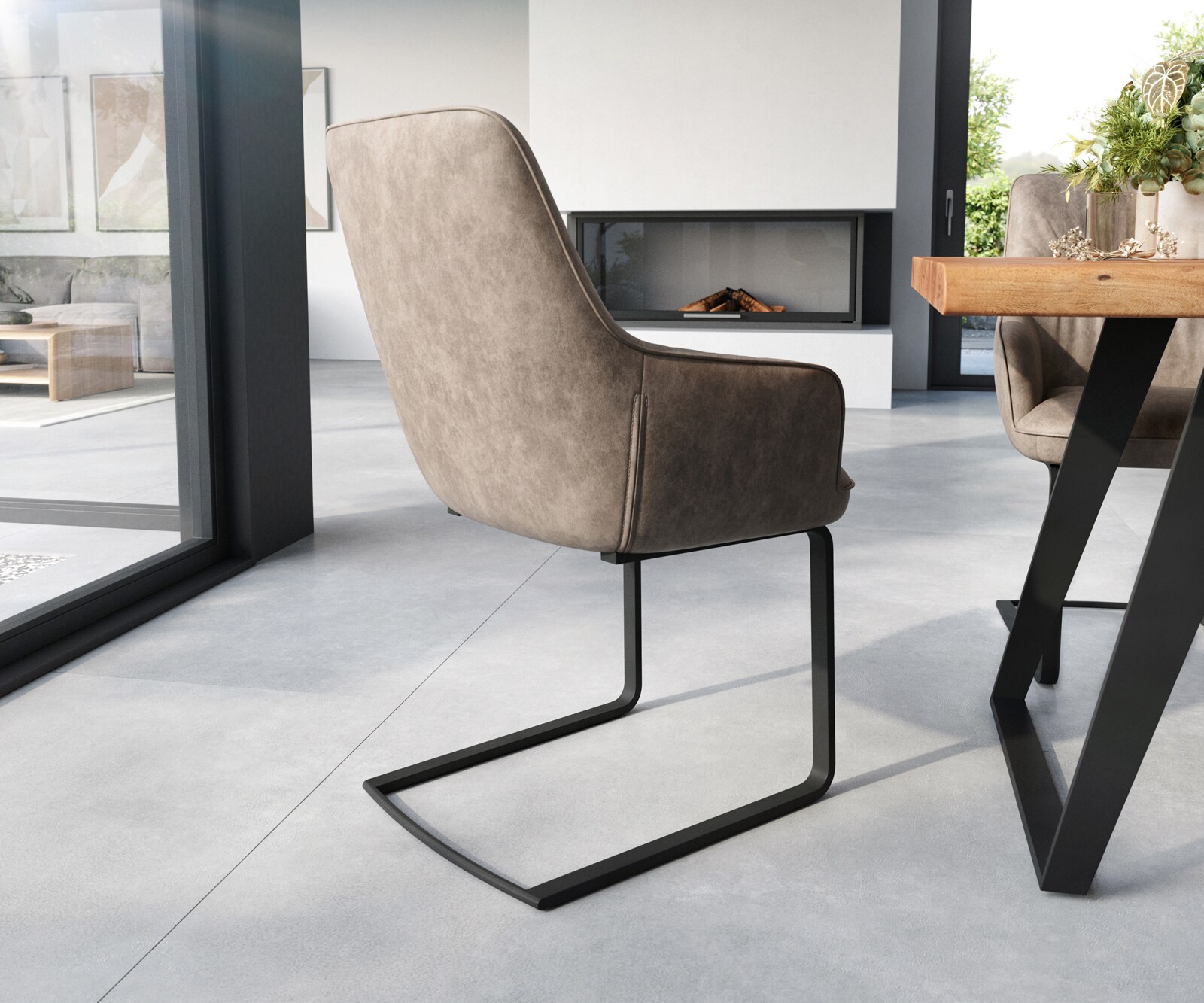 Sledemodel Zelia-Flex met armleuning microvelours taupe vintage sledemodel vlak zwart pocketveer kern 4