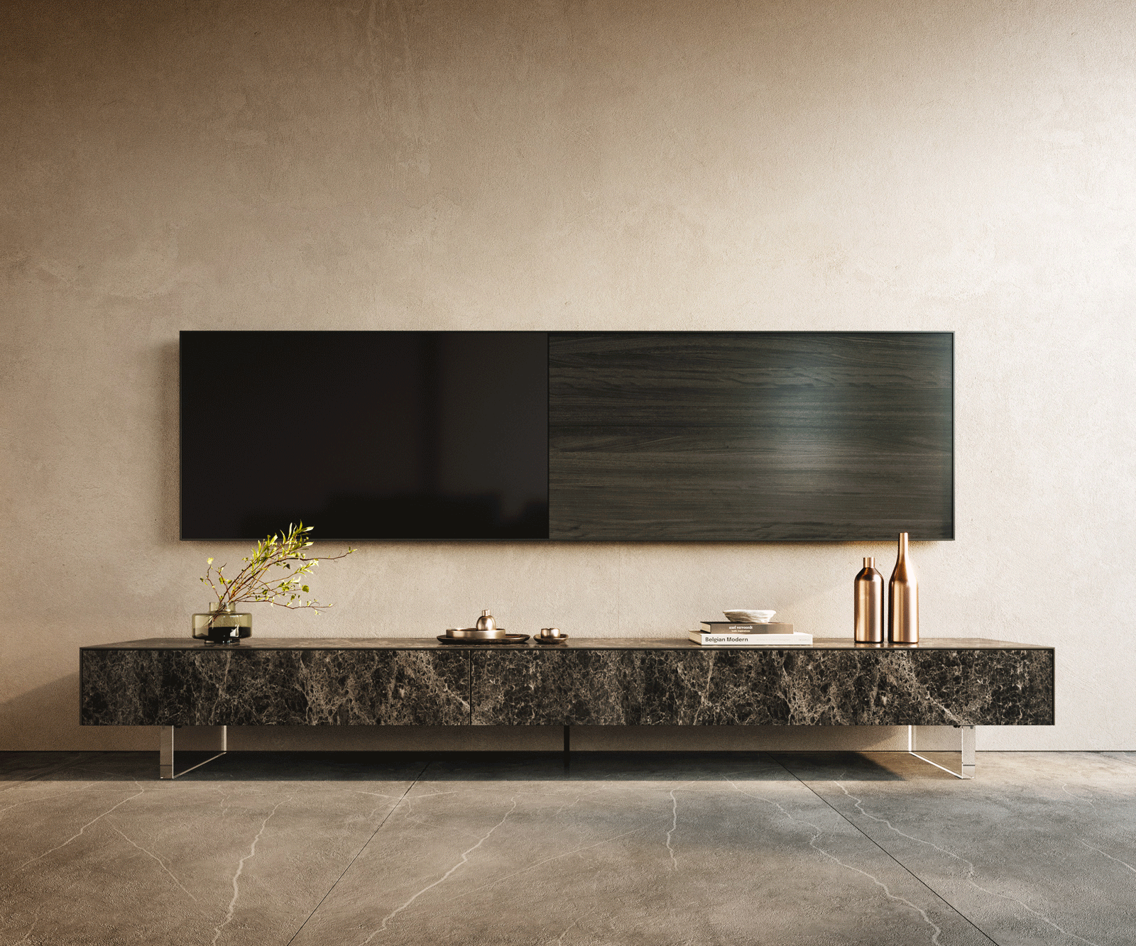 Tv-meubel Cuor 250 cm Keramiek Laminam® Emperador Extra Lucidato Donkerbruin 1 Flap 1 Lade Zwevende voet look Acrylglas 2