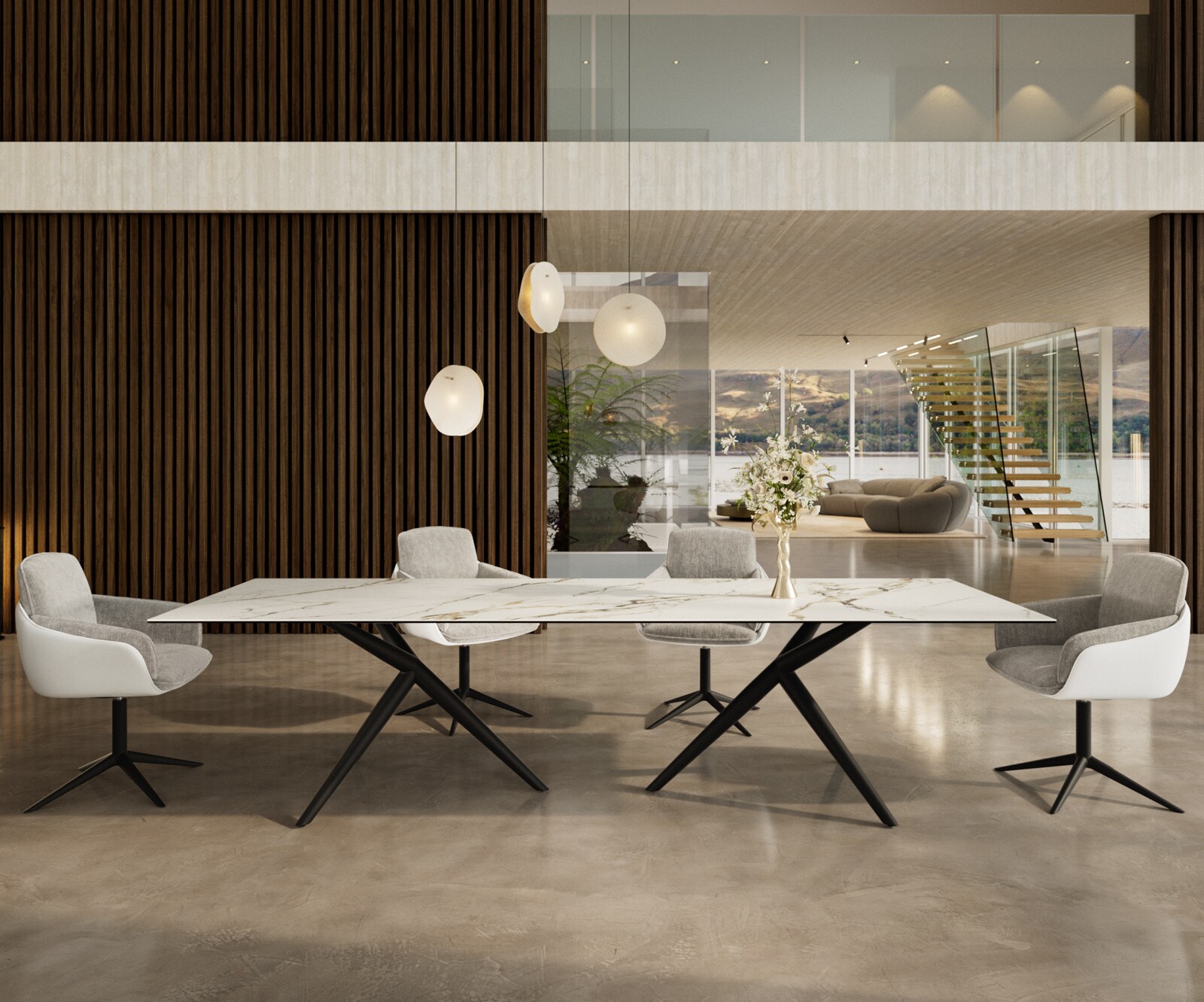 Eetkamertafel Edge 300x100 keramiek Calacatta Luxe wit-Gold-grijs Estelar rond  metaal zwart