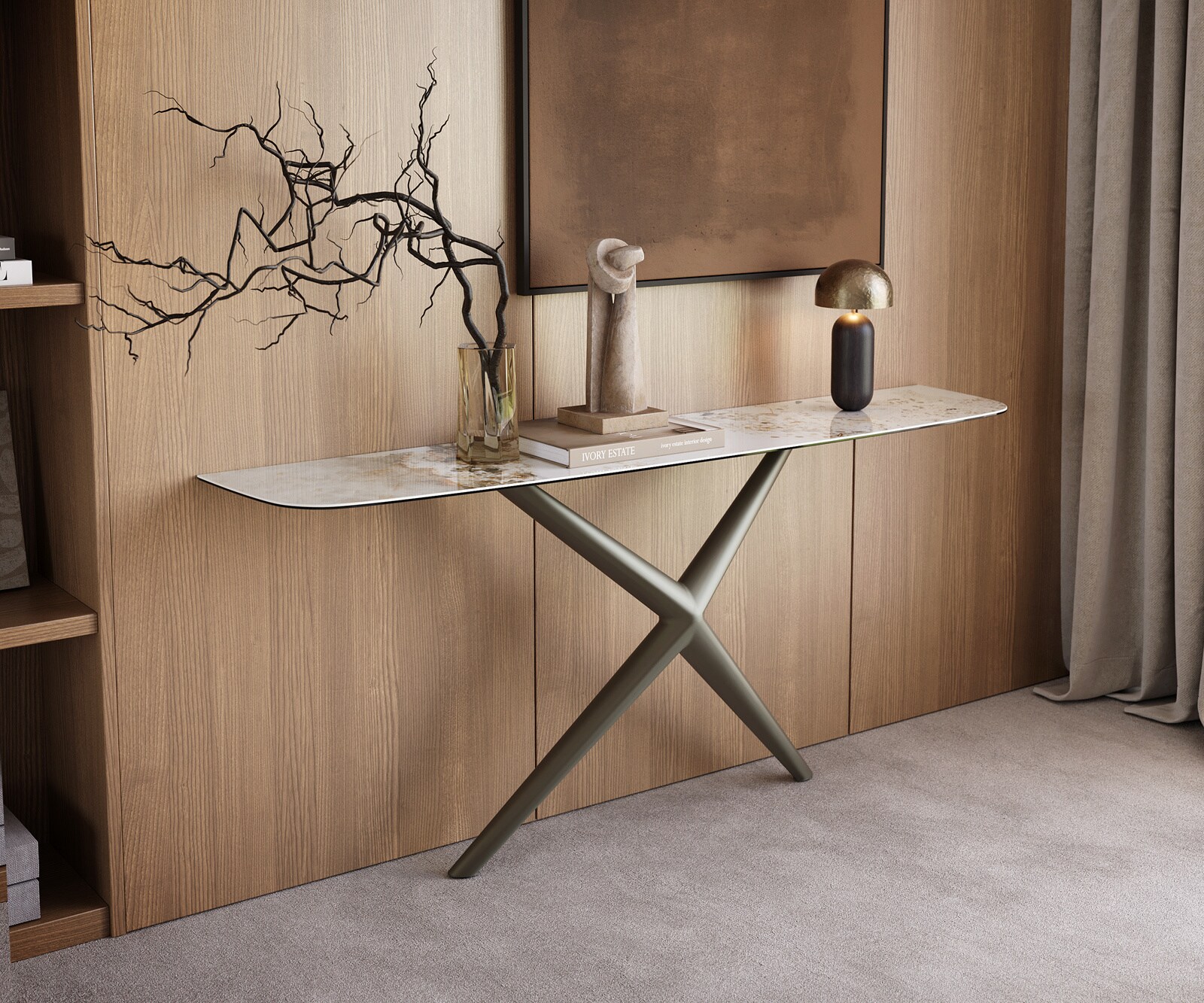 Consoletafel Edge Bootvorm 180x40 cm Keramiek Minas Melange Weiß-Beige Estelo Metaal Effektfinish Titan 4
