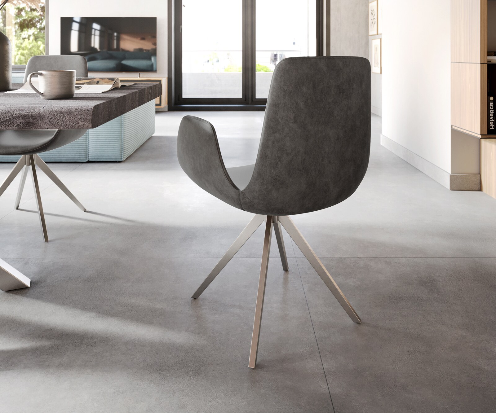 Eetkamerstoel Ilia-Flex met armleuning microvelours antraciet vintage kruisframe hoekig roestvrij staal 4 Eetkamerstoel Ilia-Flex met armleuning microvelours antraciet vintage kruisframe hoekig roestvrij staal 4