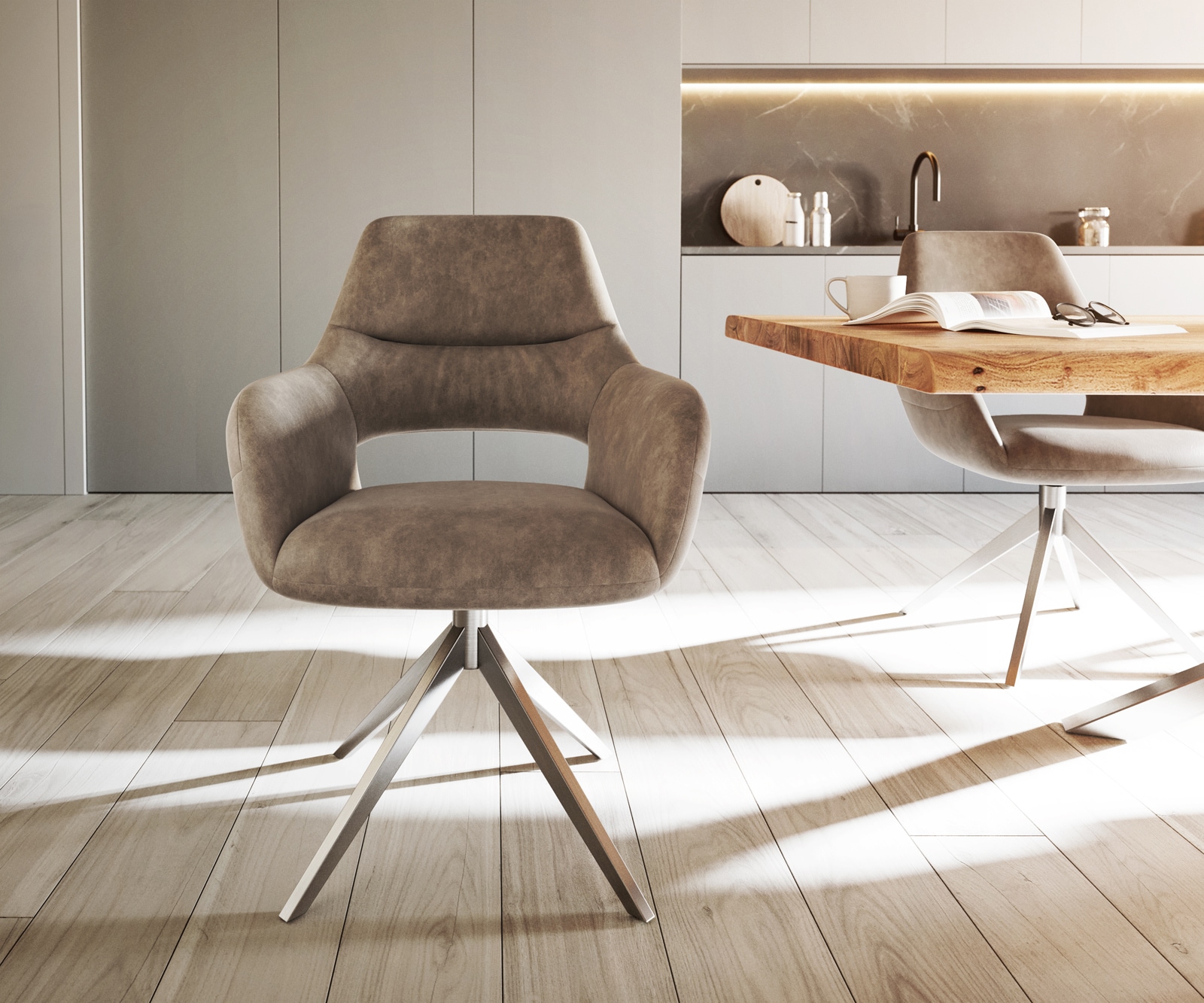 Eetkamerstoel Yago-Flex met armleuning microvelours taupe vintage kruisframe breed roestvrij staal pocketveer kern 1 Eetkamerstoel Yago-Flex met armleuning microvelours taupe vintage kruisframe breed roestvrij staal pocketveer kern 1