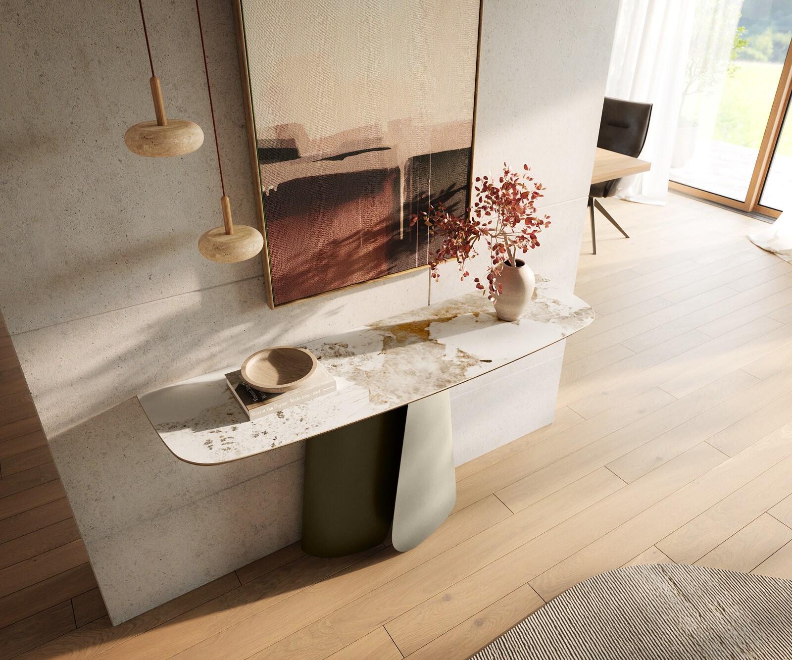 Consoletafel Edge Bootvorm 140x40 cm Keramiek Minas Melange Weiß-Beige Livos Metaal Effektfinish Titan 2