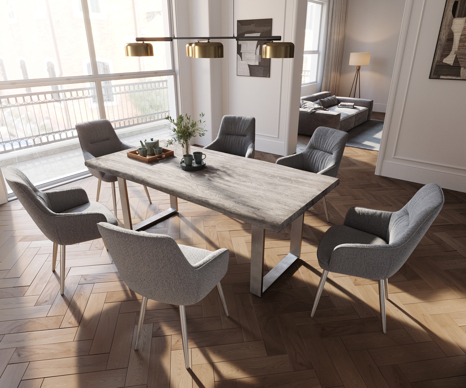 Eetkamerstoel Zelia-Flex met armleuning structuurstof lichtgrijs 4-poot conisch roestvrij staal pocketveer kern 3 Eetkamerstoel Zelia-Flex met armleuning structuurstof lichtgrijs 4-poot conisch roestvrij staal pocketveer kern 3