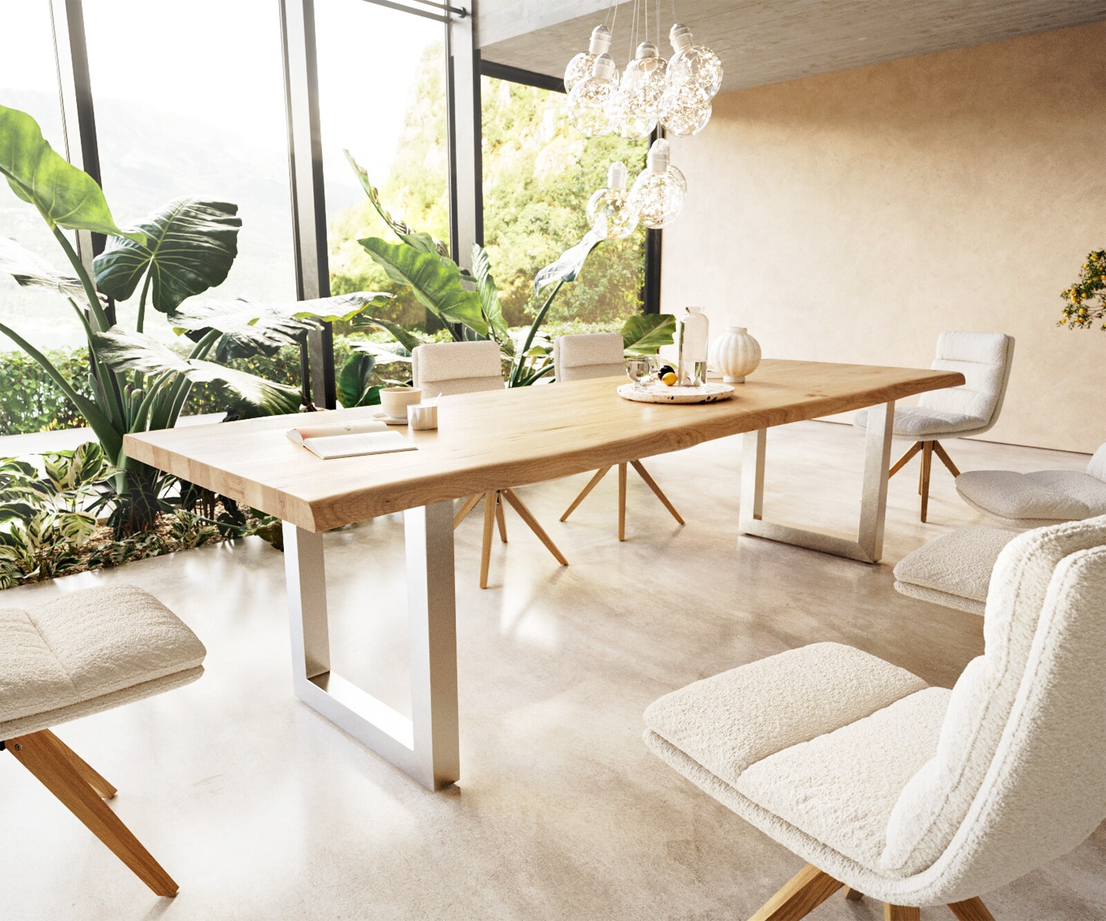 Eettafel Edge 300x100 eiken natuur roestvrij staal  breed Live-Edge 1