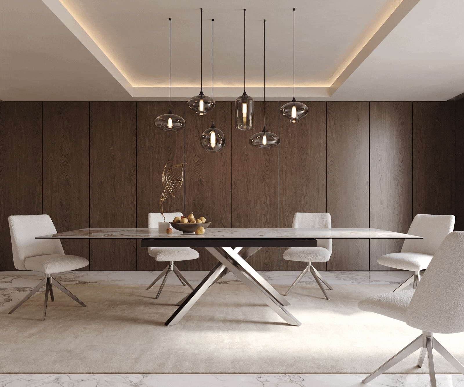 Eetkamertafel Edge 200-300x100 keramiek Minas Melange wit-beige kruisframe rechthoek RVS uitschuifbaar 1