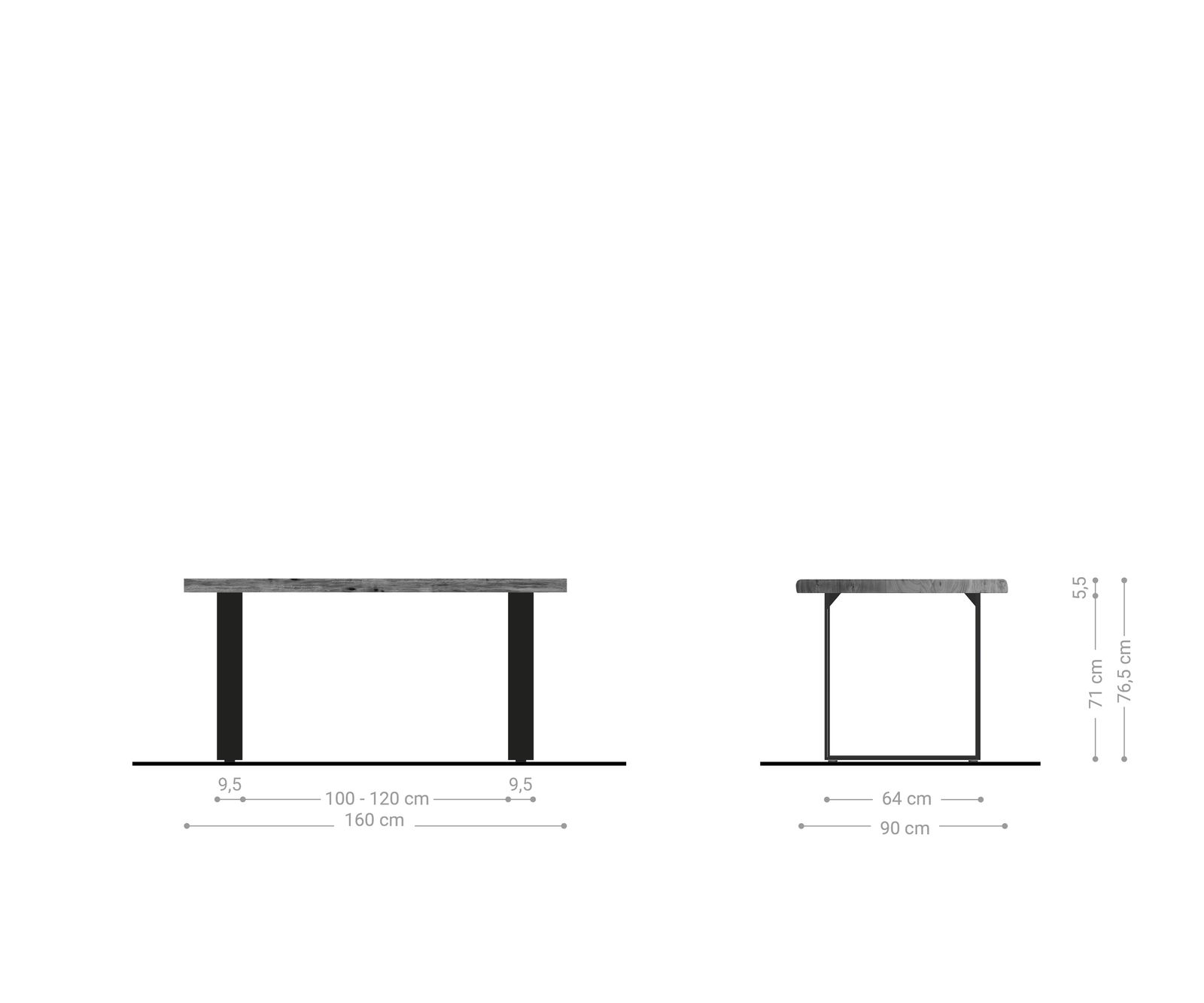 Eettafel Edge 160x90cm XL acacia natuur roestvrijstaal smal Live-Edge 6