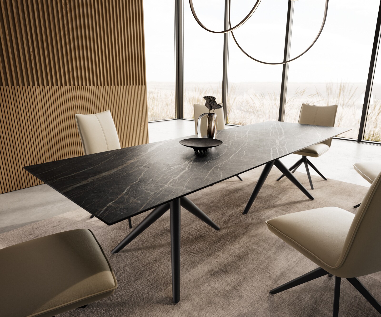 Eetkamertafel Edge 300x100 keramiek Laminam®Noir Desir bruin Estelar rond  metaal zwart 6