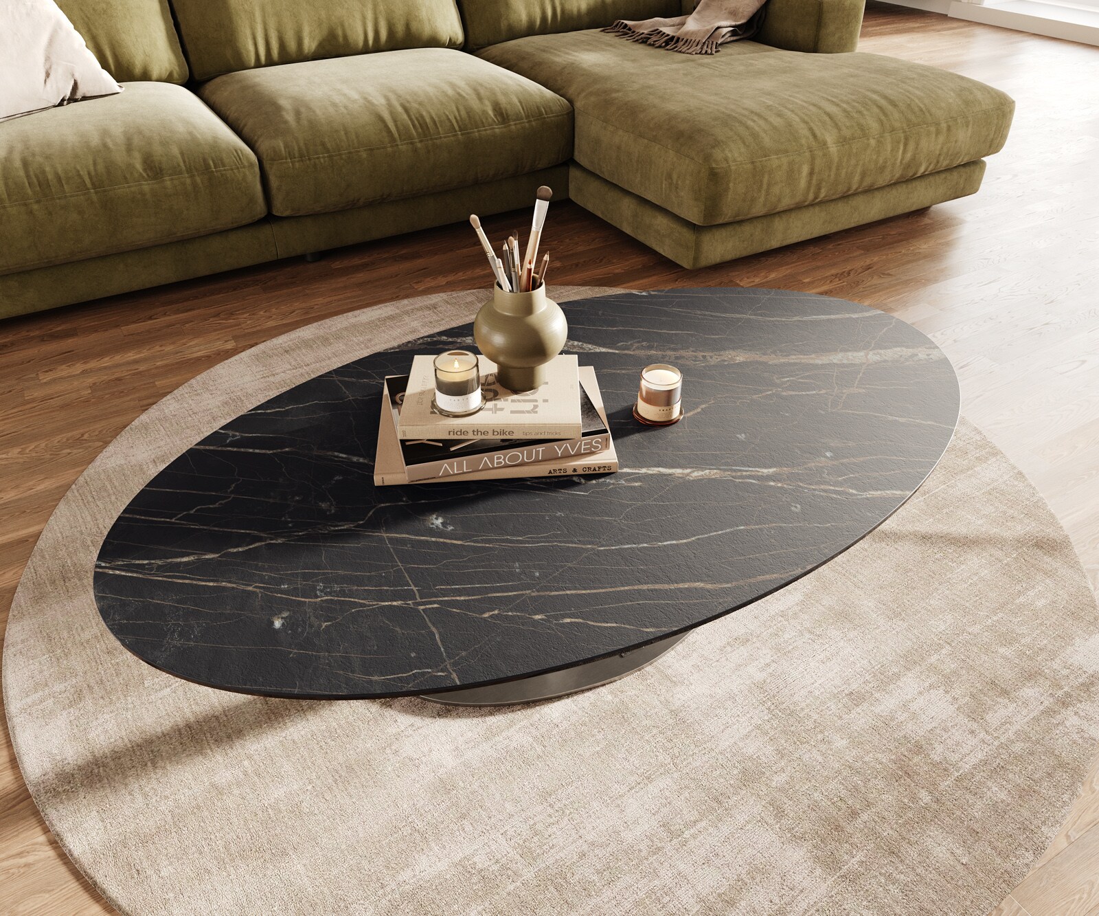 Salontafel Edge Oval 140x80 cm keramiek Laminam® Noir Desir bruin Vibany geborsteld roestvrij staal 4