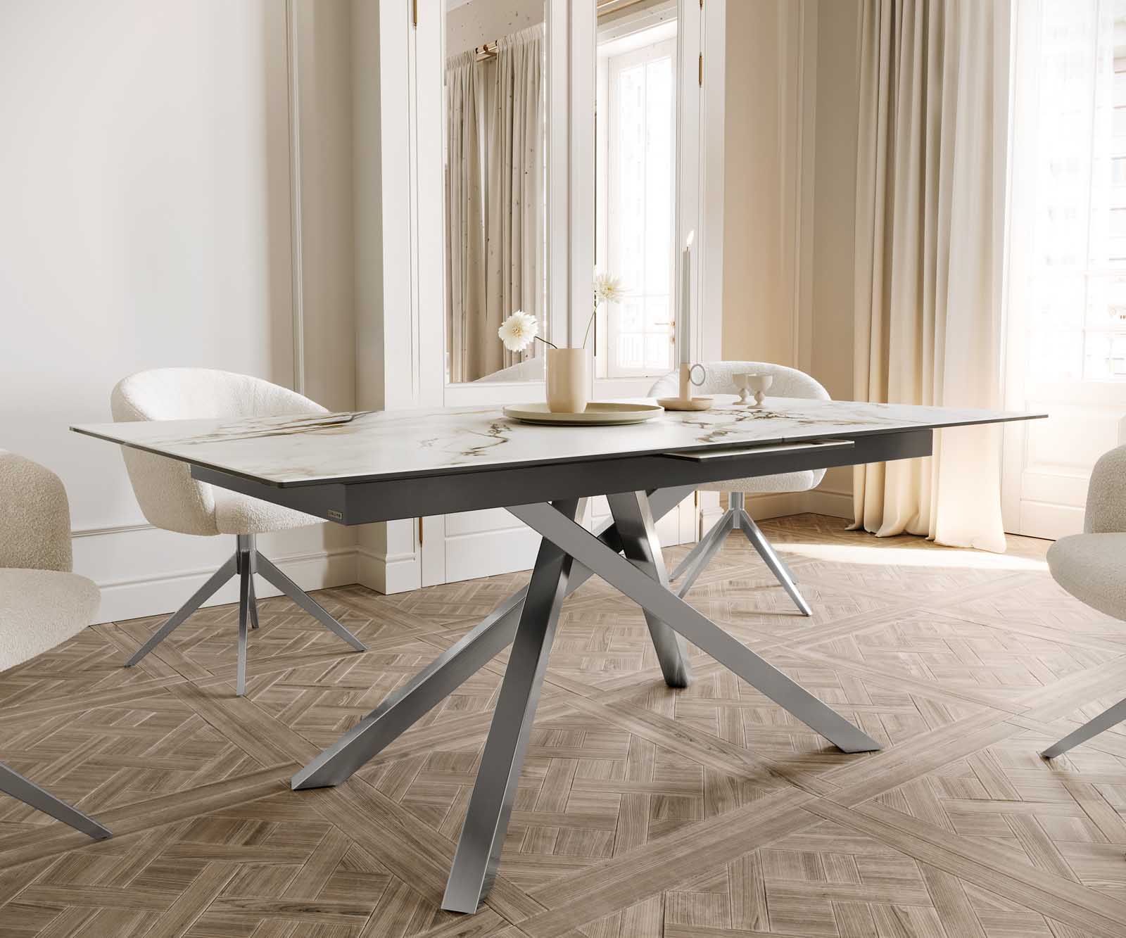 Eetkamertafel Edge 180-220x100 keramiek Calacatta Luxe wit-goud-grijs kruisframe rechthoek RVS uitschuifbaar 6