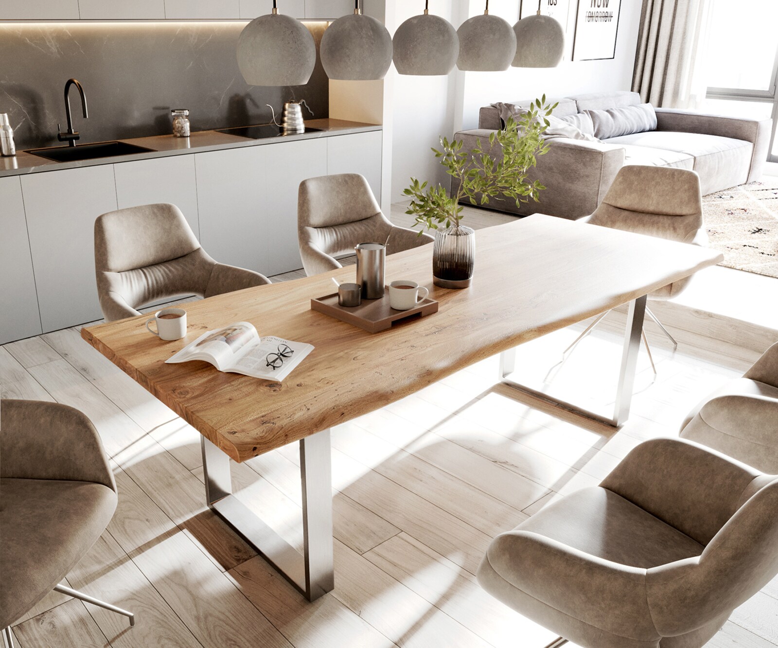 Eettafel Edge 240x100cm acacia natuur roestvrijstaal smal Live-Edge 1