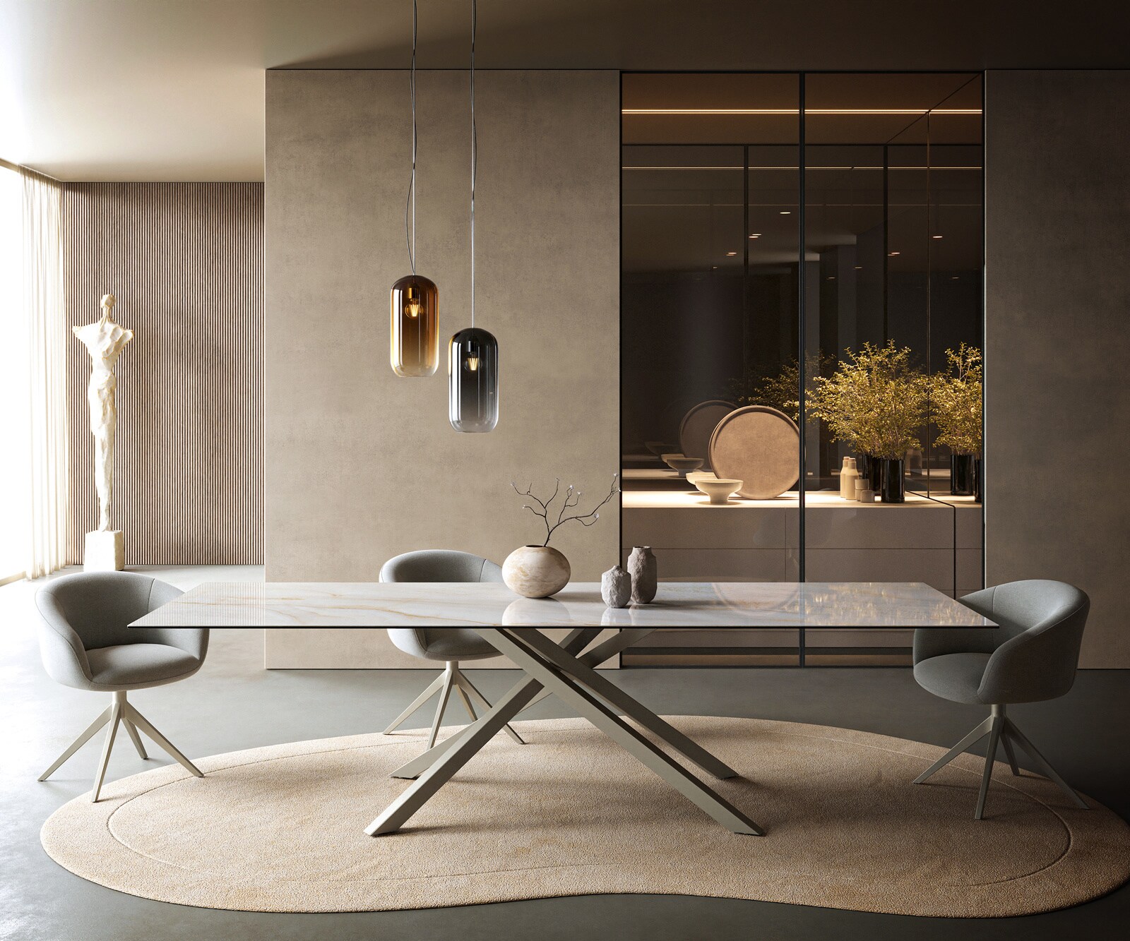 Eettafel Edge 300x100 cm keramiek Onyx Pearl kruisframe rechthoekig effectfinish titan 1