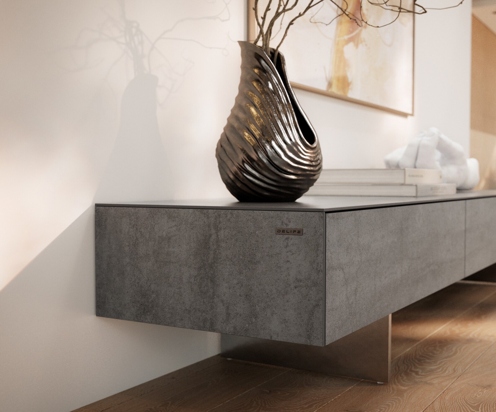 Tv-meubel Cuor 200 cm Keramiek Beton Grijs 1 Flap 1 Laden Zwevende voet look Roestvrij staal 6