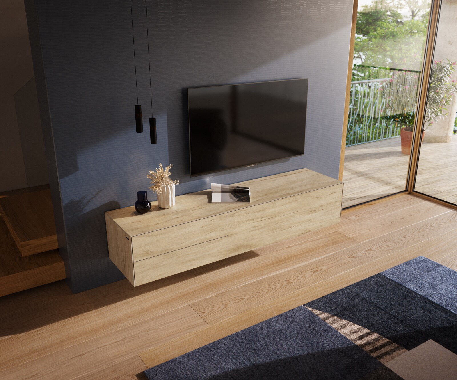 Tv-meubel Cuor 180 cm Keramiek Laminam® Sabbia Eiken gekleurd 1 Flap 2 Laden Zwevend 3