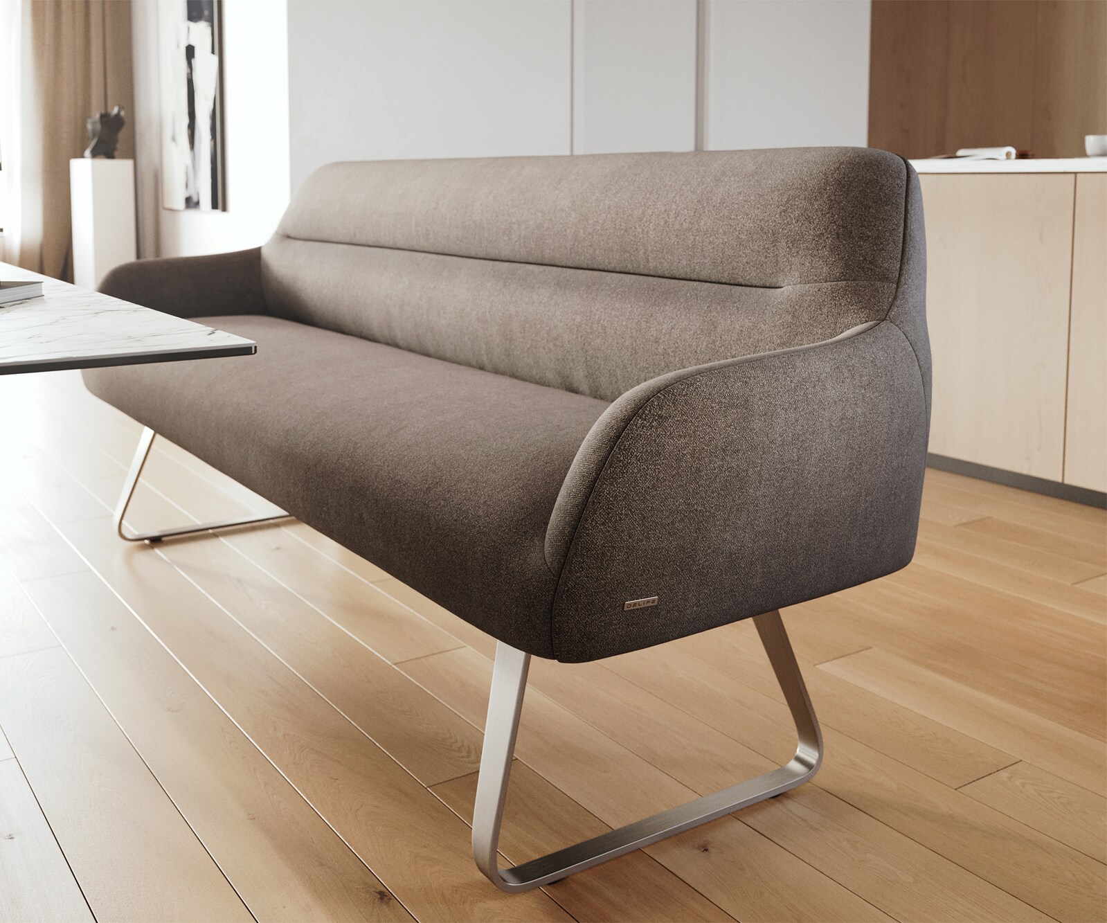 Eetkamerbank Taya-Flex 200 cm zachte stof met structuur taupe platte sledebasis roestvrij staal pocketvering 5