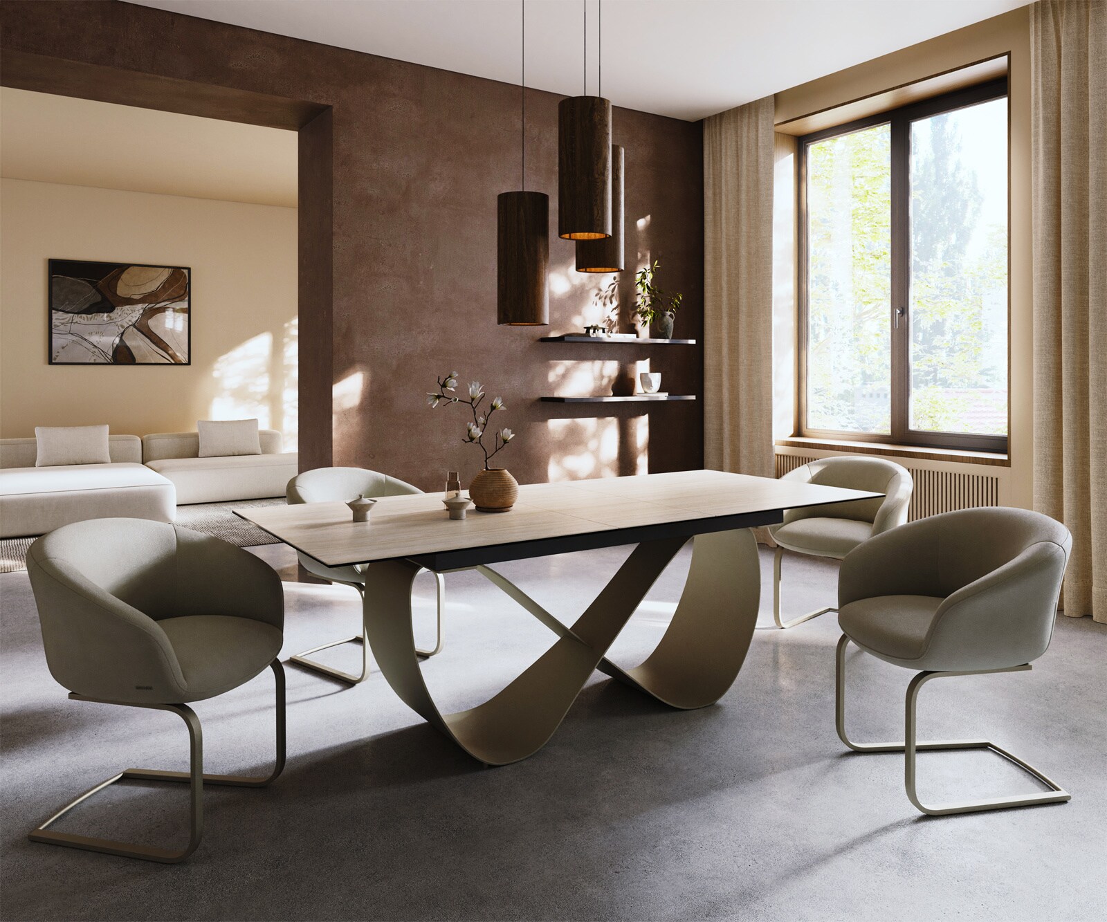 Eettafel Edge 180-220x90 keramiek  Laminam® Travertino Bianco Creme-wit Infinity metaal effectafwerking Titan uitrekbaar 5