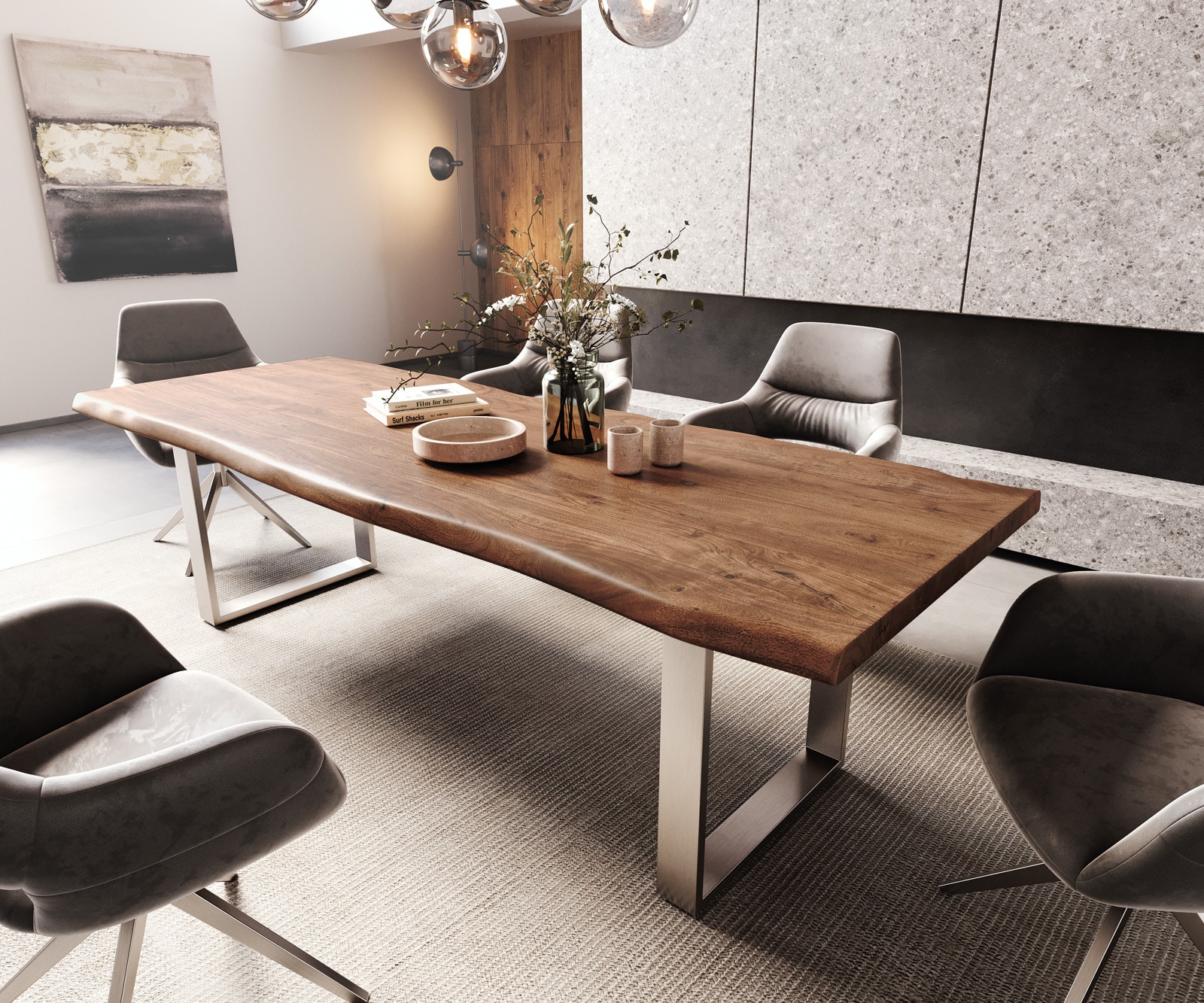 Eettafel Edge 260x100 XL acacia bruin roestvrijstaal smal Live-Edge Eettafel Edge 260x100 XL acacia bruin roestvrijstaal smal Live-Edge