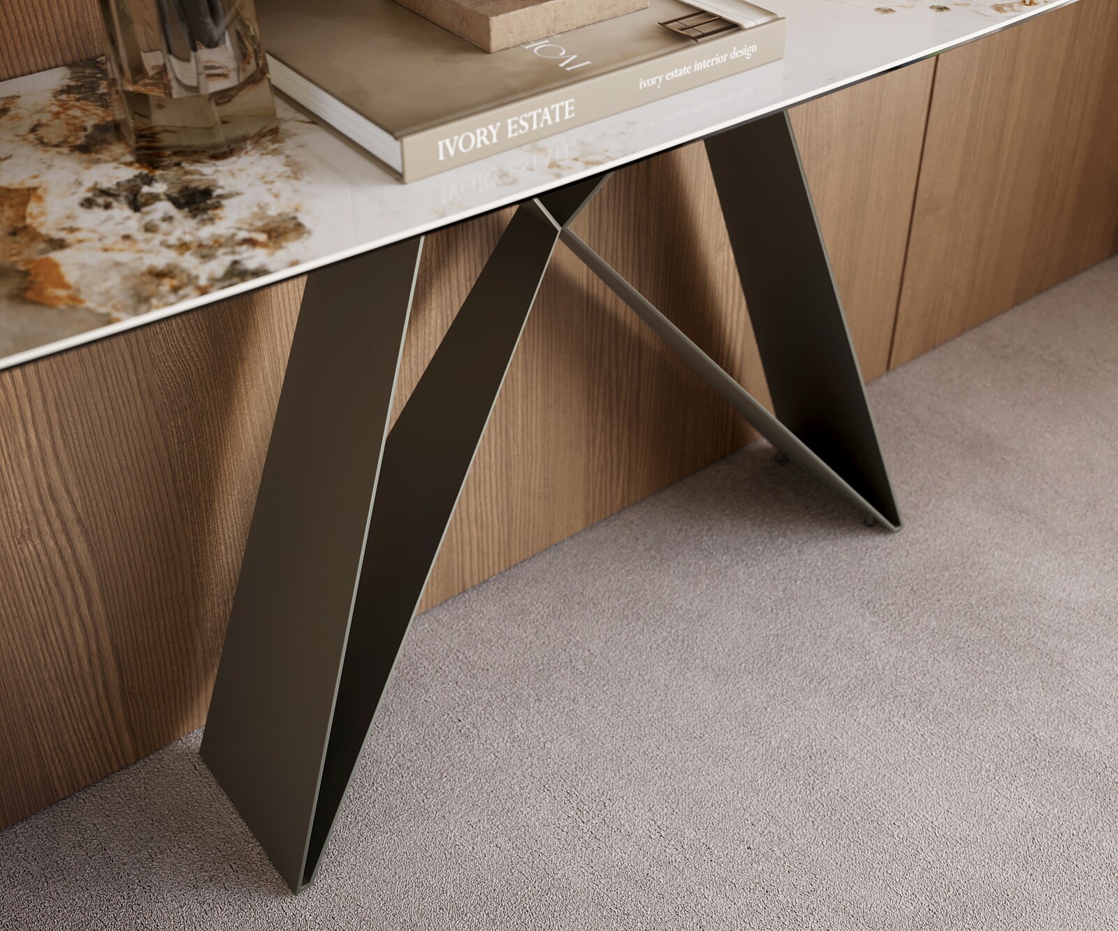 Consoletafel Edge Bootvorm 180x40 cm Keramiek Minas Melange Weiß-Beige Velio Metaal Effektfinish Titan 6