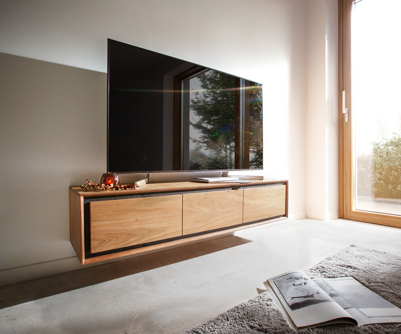 Tv-meubel Stonegrace 145 cm acacia natuur 3 deuren steen fineer zwevend