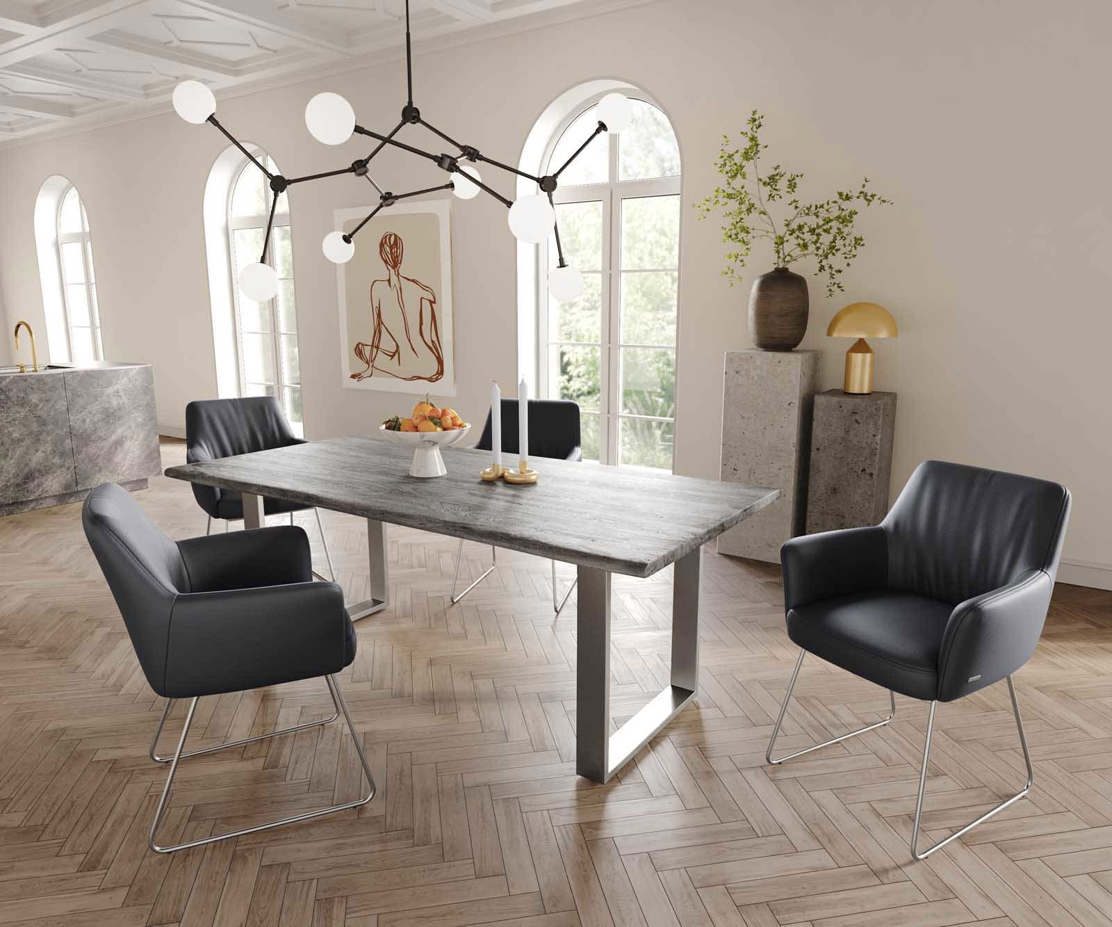 Eetkamerstoel Xana-Flex met armleuning echt leer zwart slipframe roestvrij staal pocketveer kern 4 Eetkamerstoel Xana-Flex met armleuning echt leer zwart slipframe roestvrij staal pocketveer kern 4