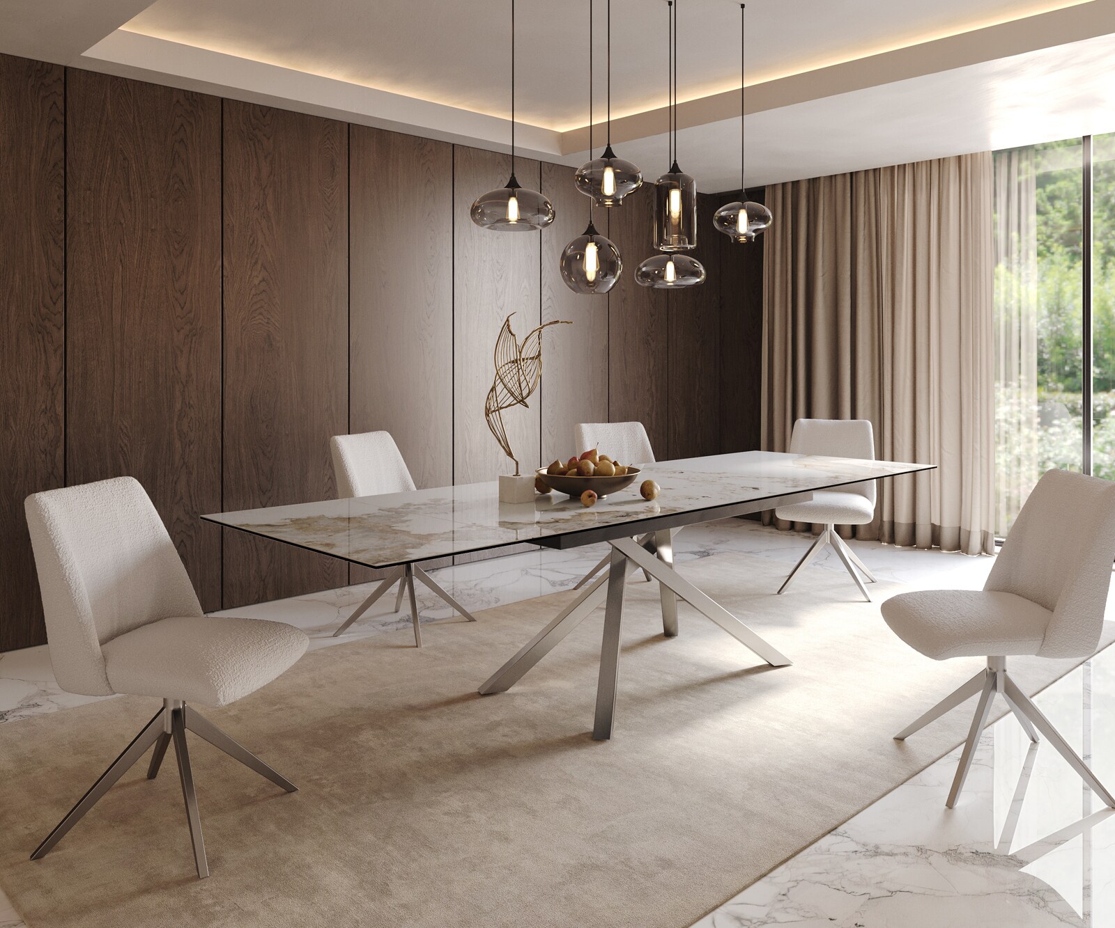 Eetkamertafel Edge 200-300x100 keramiek Minas Melange wit-beige kruisframe rechthoek RVS uitschuifbaar 8