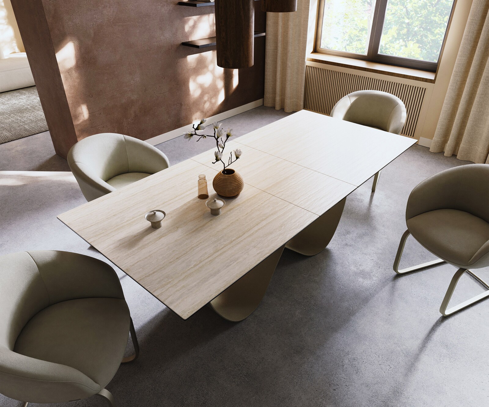 Eettafel Edge 180-220x90 keramiek  Laminam® Travertino Bianco Creme-wit Infinity metaal effectafwerking Titan uitrekbaar 3