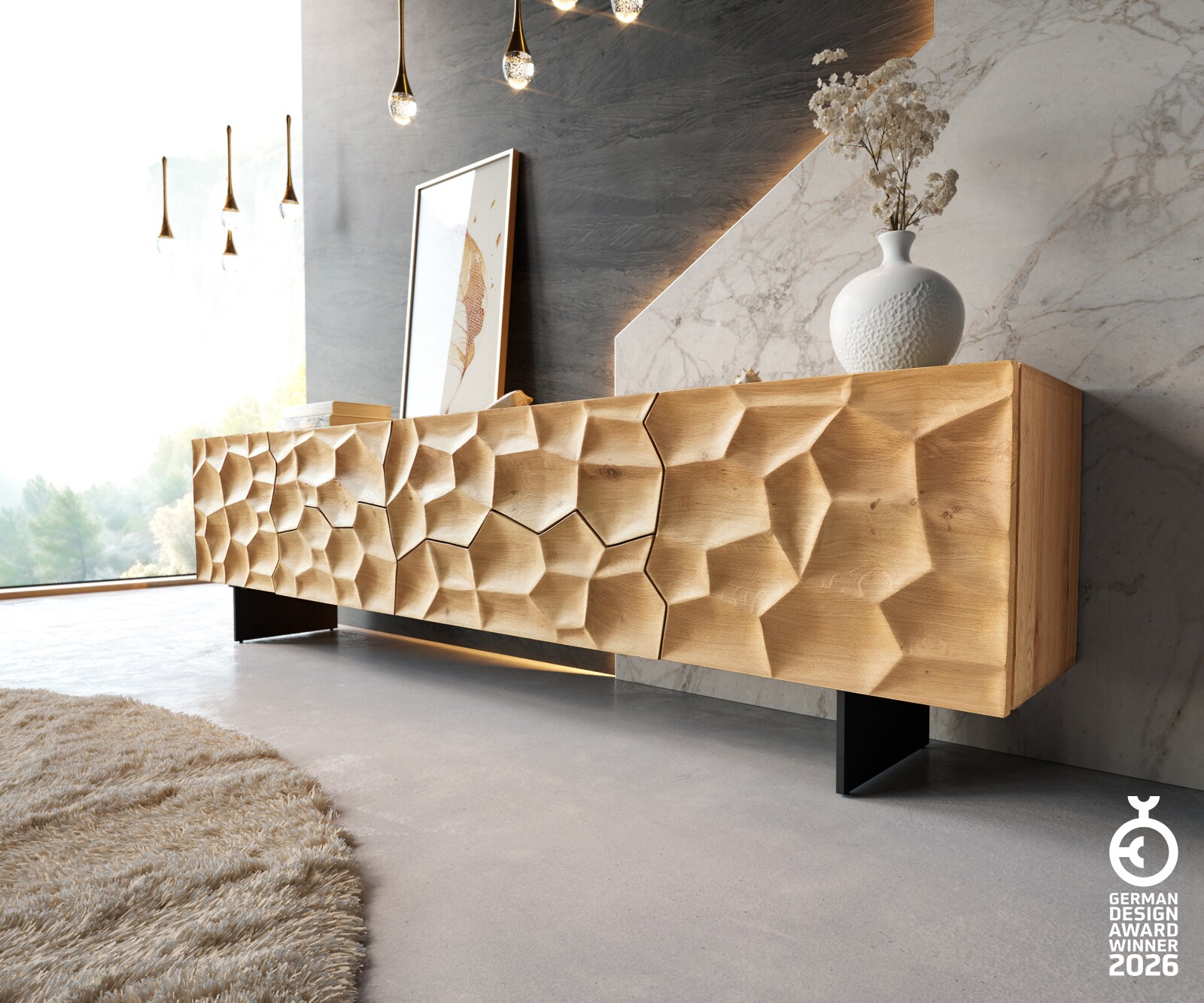 Tv-meubel Solu 220 cm natuurlijk eiken 2 deuren 4 laden onderstel zwevend metaal zwart 3D front