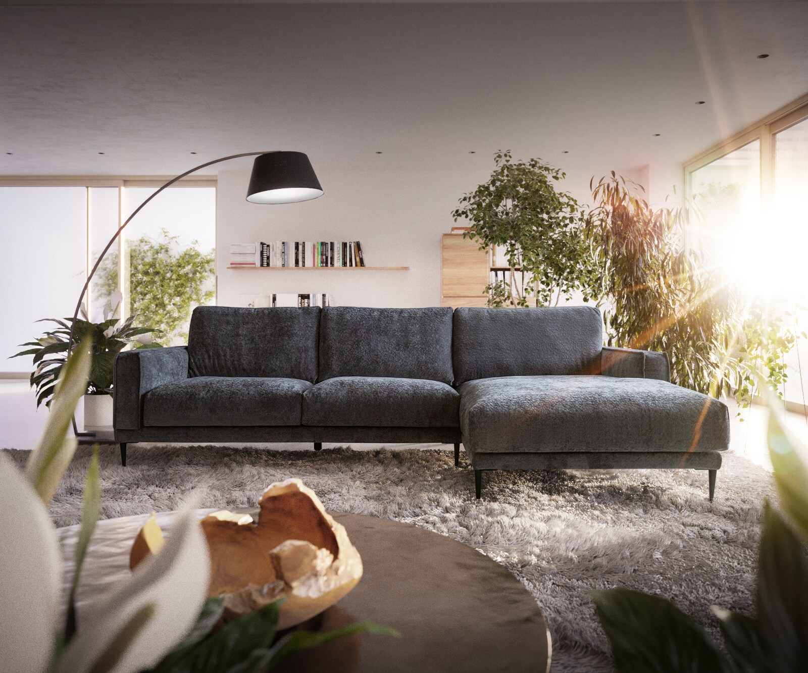 Hoekbank Sottil 290 x 165cm Chenille grijs recamiere rechts 1