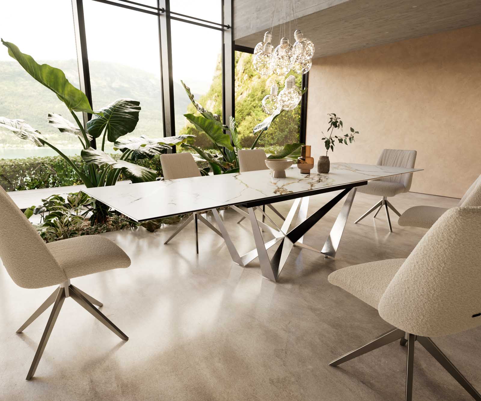 Eetkamertafel Edge 200-300x100 keramiek Calacatta Luxe wit-goud-grijs spider vlak staal RVS uitschuifbaar
