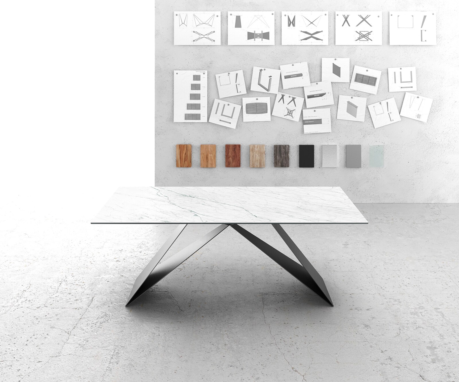 Eettafel Edge 200x100cm Laminam® keramiek wit V-middenpoot zwart 1