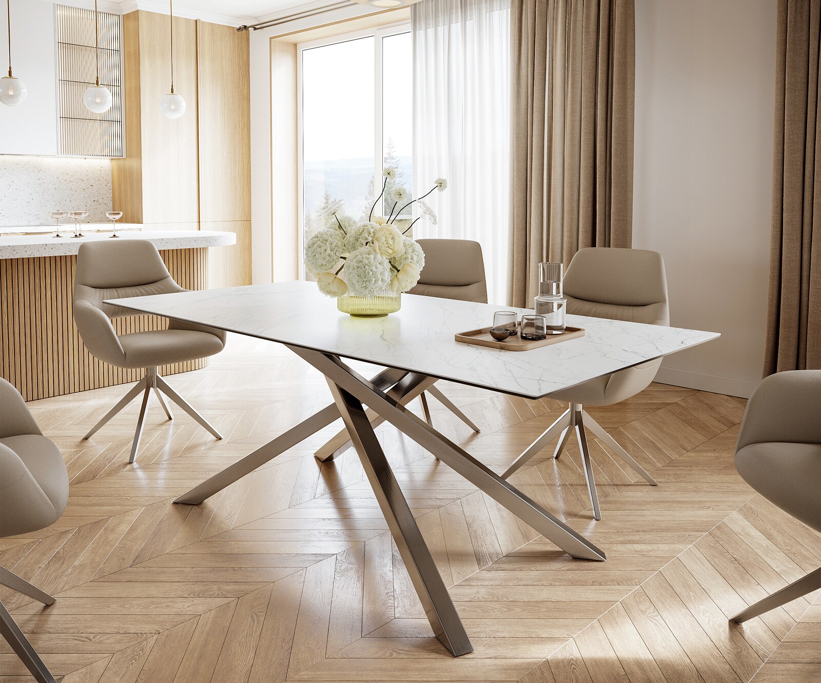 Eettafel Edge 200x100cm Laminam® keramiek wit middenpoot kruis zilver