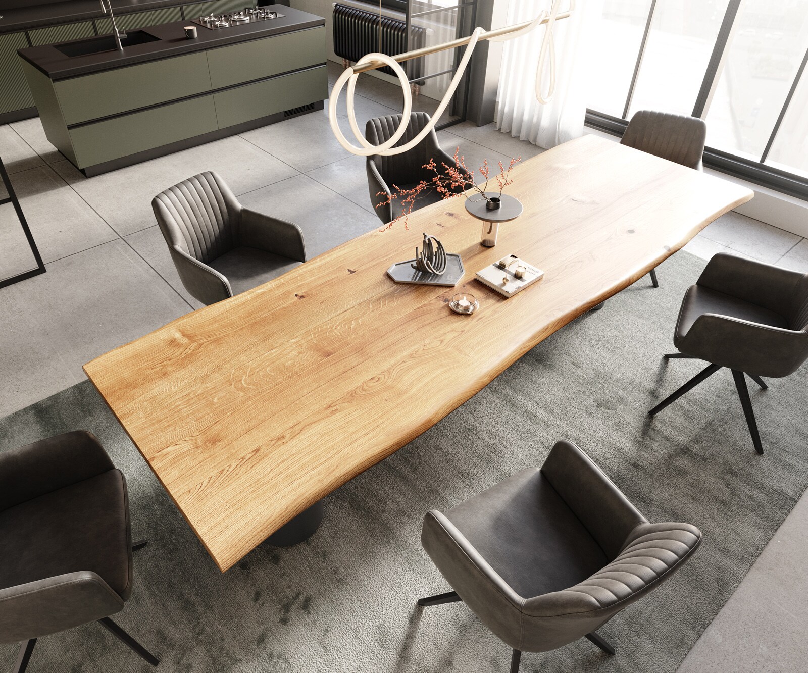 Eettafel Edge 300x100x4 eiken natuur Pilier metaal zwart Live-Edge 3