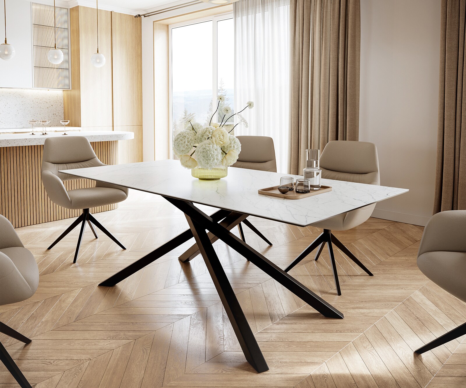 Eettafel Edge 200x100cm Laminam® keramiek wit middenpoot kruis zwart